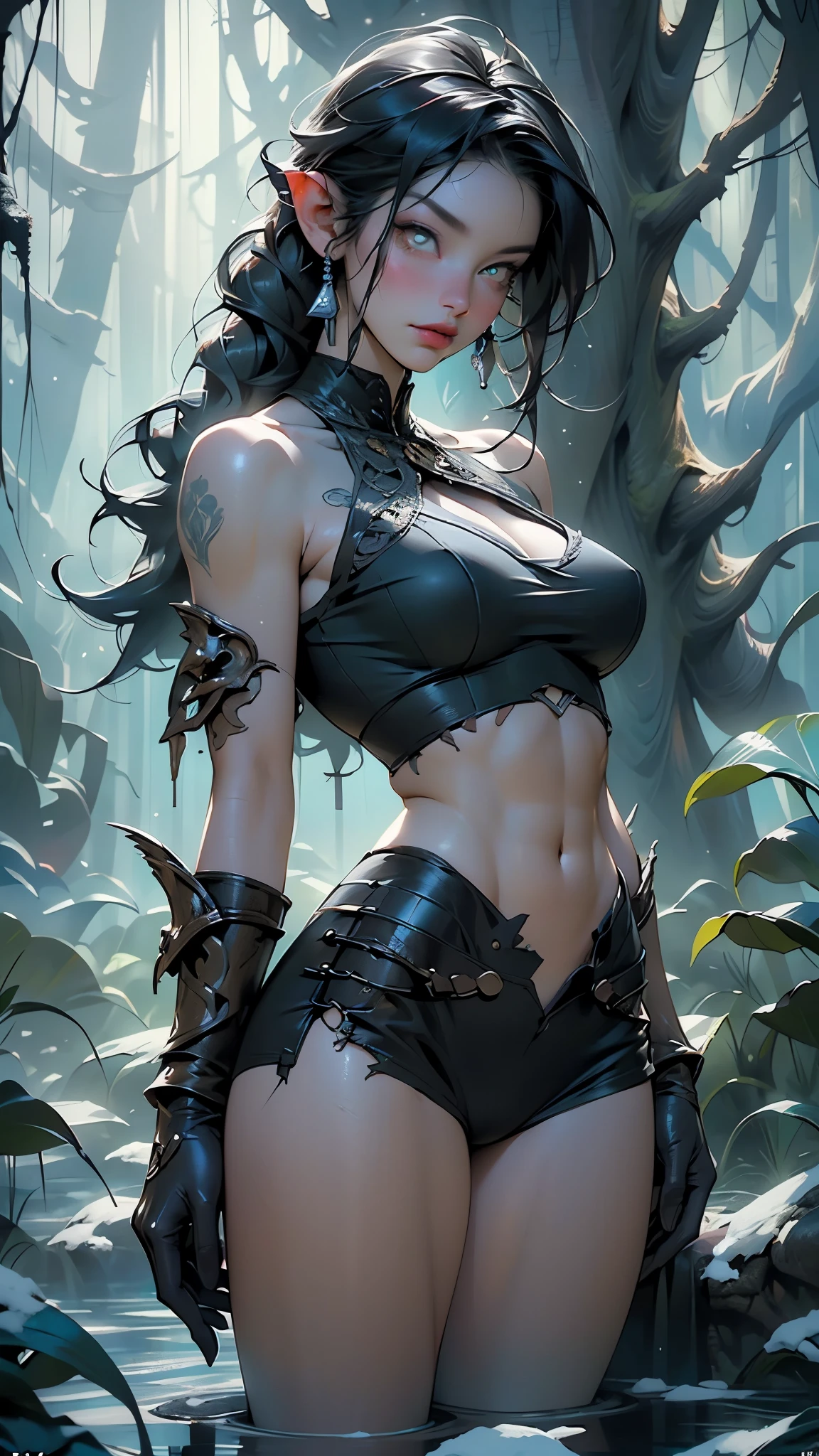 Beautiful muscular woman, leather armour , Skin elements on armor, metal tips and rivets , long black hair, brown dark eyes, Dark and bright cosmetics, Realistic brown skin, moist skin on the body and face, perfect sexy body, Full length, Ruins of the ancient city, moss on trees, many fine details, Fine tattoos printed on the body, A realistic masterpiece, THREAD PANTIES, SMALL THONG PANTIES, string panties, BIG TITS, breasts big,