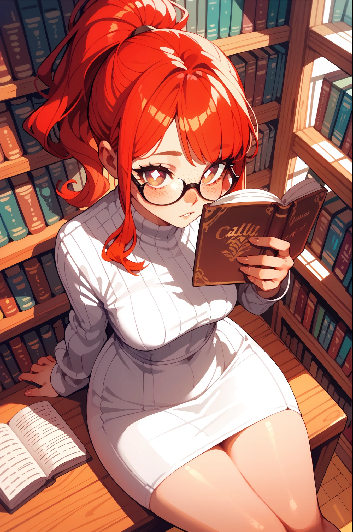 (score_9, score_8_up, score_7_up), (anime), from above, 1girl, petite, long red hair, ponytail, hazel eyes, gradient eyes, white pupils, freckles, calm expression, blush, medium breasts, wide hips, glasses, white dress, sitting, looking at viewer, holding a book, indoors, library, colorful