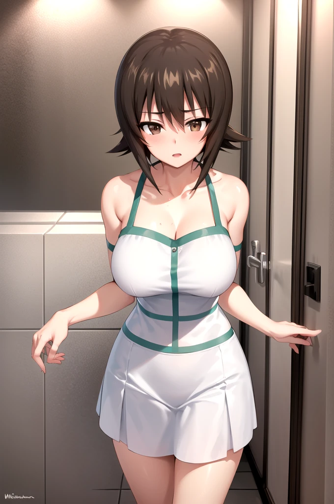 (extremely detailed CG), (best quality), 1girl,solo, perfect face, ,girls und panzer, nishizumi maho, brown hair, brown eyes, short hair,Anime Style,View from the front,from the front,bare_shoulders bow hair_over_one_eye huge_ large_viewer on,8k,((In bathroom)),