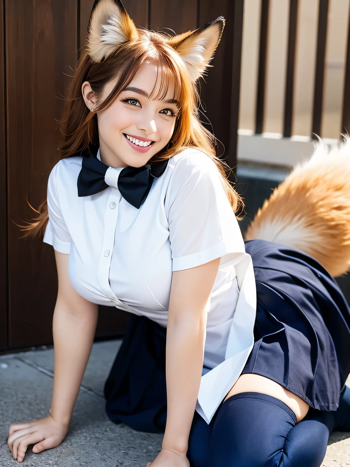 ((highest quality, 32k)), ((masterpiece)), (Familiar), Perfect Face, School Girl, pretty girl, On the bed, Has a tail, She has a red fox tail., She stands up her fluffy tail, Beautiful hip line, Small breasts, She is wearing a cute uniform, A large tail sticks out, Climbing on all fours, Slender body, She looks shyly at her tail, Her tail pushes up her skirt to reveal her white panties, A red fox tail protrudes from the hem of her skirt.