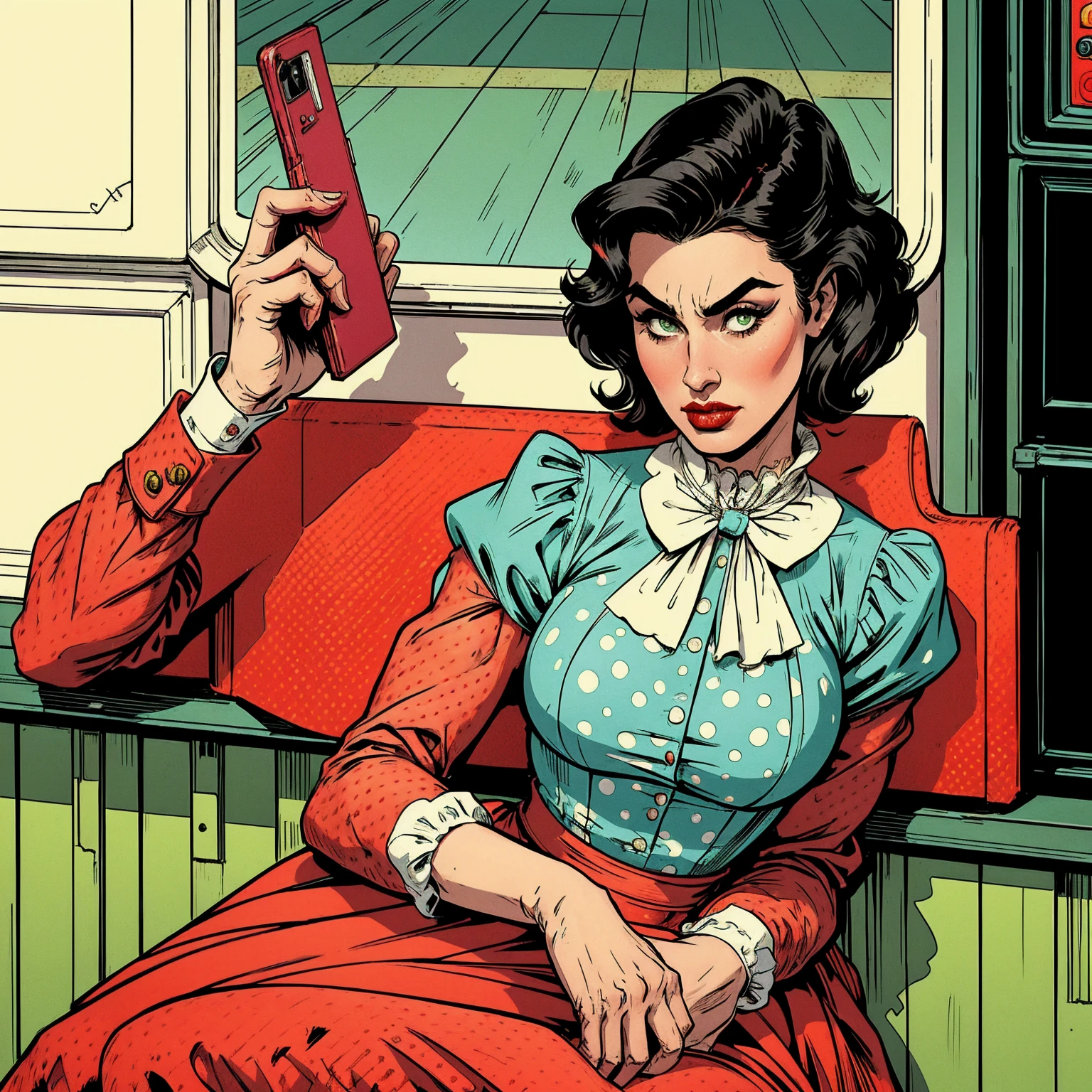 80's pop art, american propaganda comics style, Simple colors, close-up of a woman, lady killer 80's medium hair, black hair, green eyes, heavy make-up, red lipstick, provocative, angry face show at the viwer ,wearing a yellow Victorian dress with white polka dots, sitting on the floor of a bloody kitchen on the phone