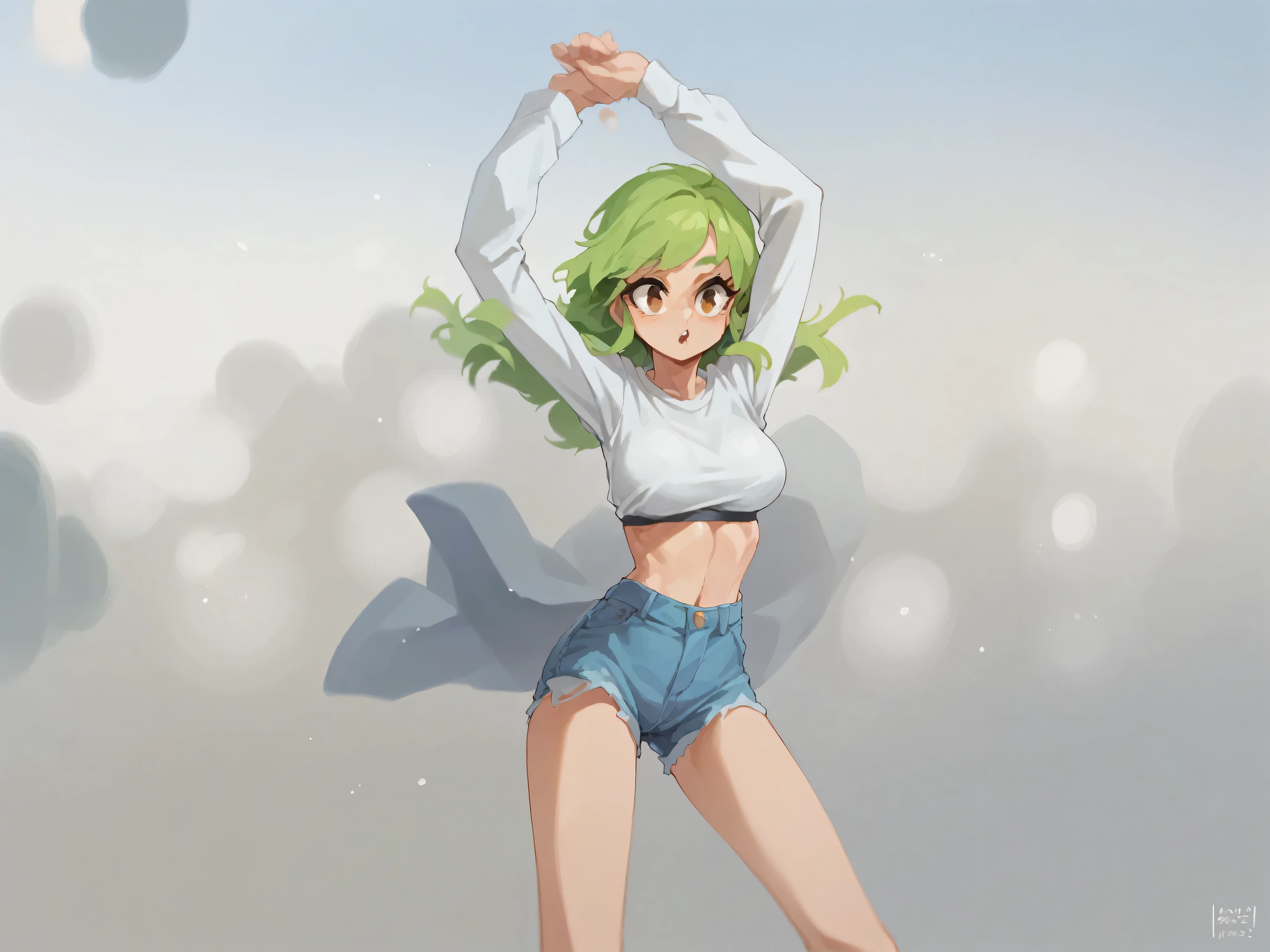 Masterpiece , Excellent quality , high resolution , 1 woman , Long green Hair , White shirt , Jean Shorts , abdomen , big breasts , Long legs , dancing 