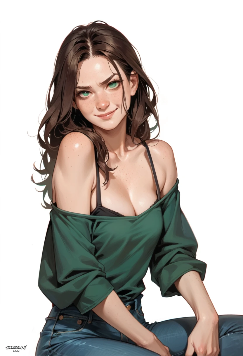 Cartoon of a girl, sexy, slutty, seductive, brown hair, long hair, green eyes, closed mouth, smirk, freckles, perfect face, jeans, blue off-shoulder shirt, subtle cleavage, small breast, simple white background
