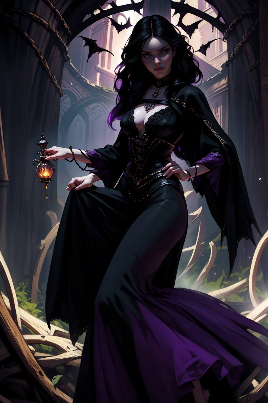  woman 35 years old, witchcraft, magician, victorian clothes, where poison potions and vines abound, a woman (yennefer), very long black hair (black hair), (purple eyes), nekless . Indifferent look , merciless, dancing witk a demon, Angry face, dinamic poses, egoist smile, 