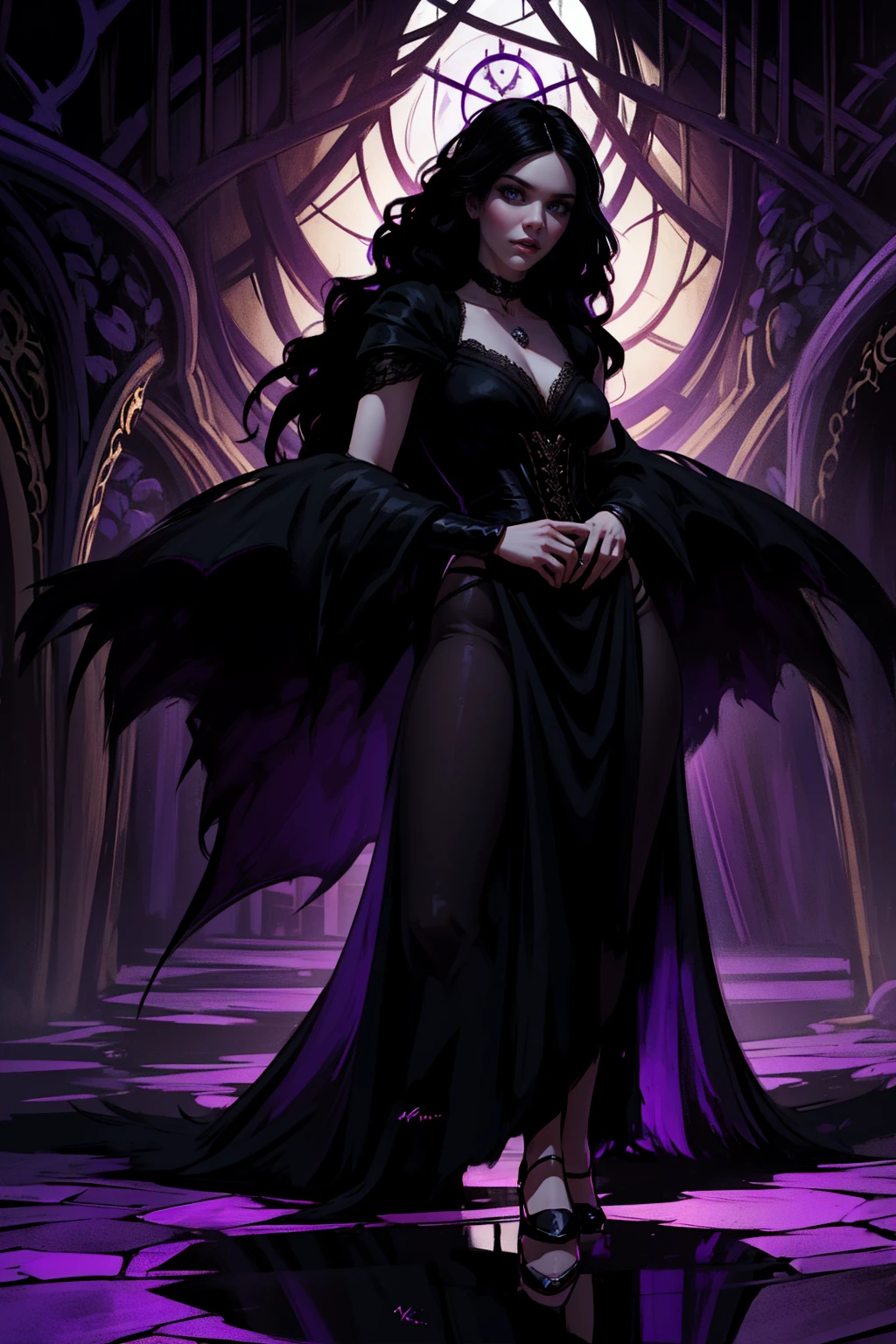  woman 35 years old, witchcraft, magician, victorian clothes, where poison potions and vines abound, a woman (yennefer), very long black hair (black hair), (purple eyes), nekless . Indifferent look , merciless, dancing witk a demon, Angry face, dinamic poses, egoist smile, 