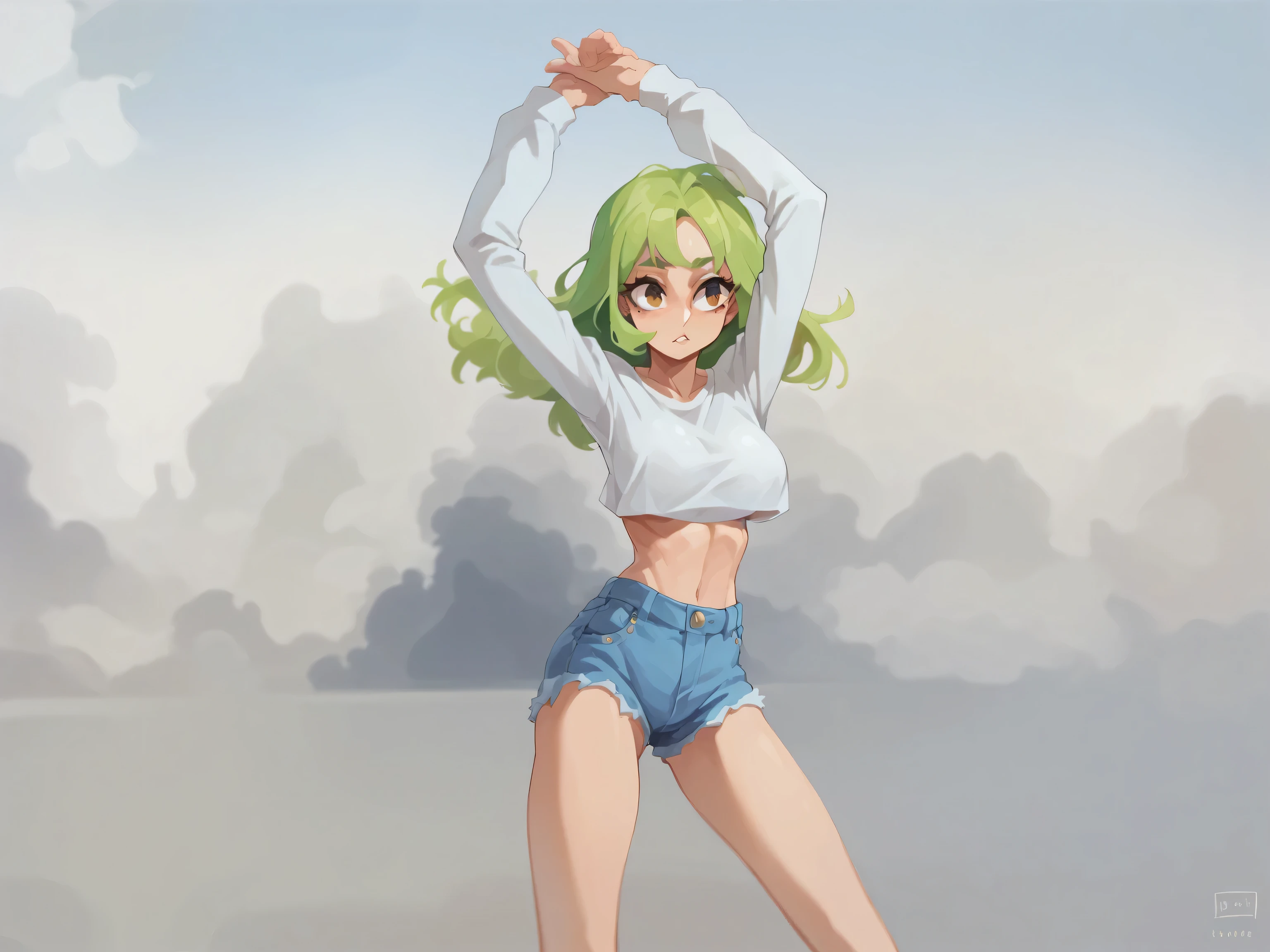 Masterpiece , Excellent quality , high resolution , 1 woman , Long green Hair , White shirt , Jean Shorts , abdomen , big breasts , Long legs , dancing 