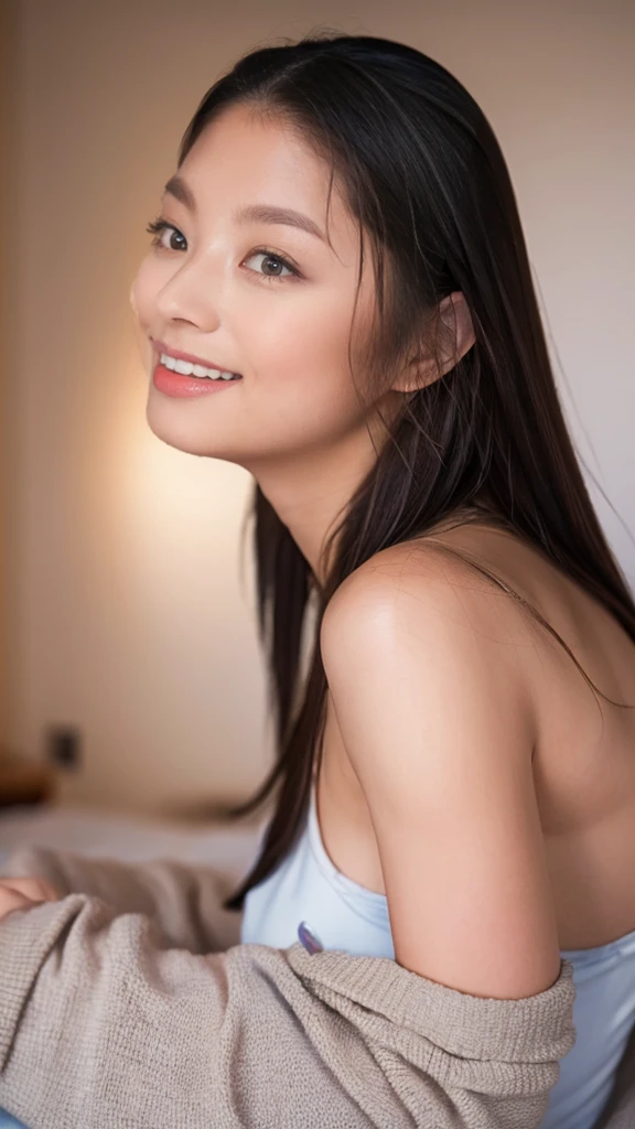 The face of a young, beautiful, naked Japanese woman with ponytail hair standing by the window, looking back and smiling. Focal length 100mmf/2.8, spring morning, rainy weather outside, living room on the upper floor of a high-rise apartment, blue curtains, ideal light source, well-shaped face, toned body, complete nudity, close-up of facial expression, low angle, sense of realism ,Highest quality.