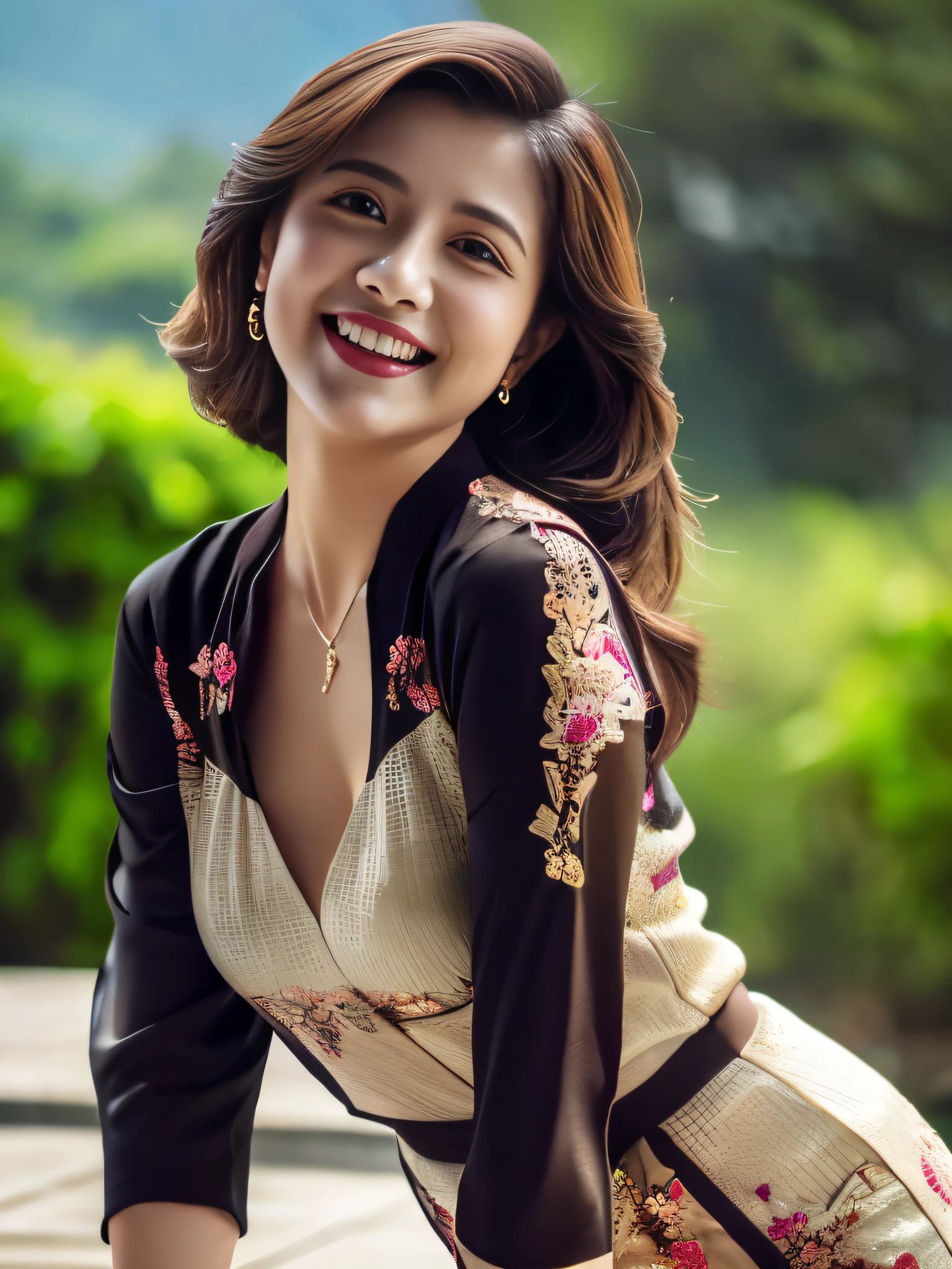 (Best quality, high resolution, masterpiece: 1.3), Beautiful slim woman, (Dark Brown Layered Hairstyle), Wearing a Pendant, ((kbaya_Bali)) outdoor, Beautiful scenery, Lake and mountains in the distance, Facial details and skin texture are beautifully rendered, Detail eyes, (Best quality, high resolution, masterpiece: 1.3), Beautiful slim woman, (Dark Brown Layered Hairstyle),((kbaya_Bali)), outdoor, Background Random, Facial details and skin texture are beautifully rendered, Eye details, Double eyelids, Seductive laughter, Female laughter, Seductive pose, whole body