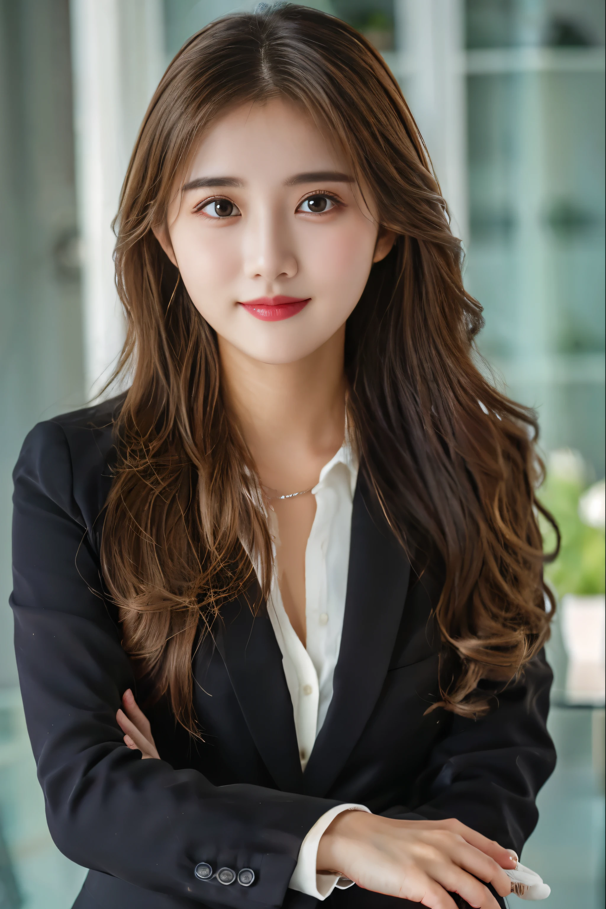 desktop、highest quality、True、Looks super detailed、Finely、high resolution、8k wallpaper、一位办公室美女与 MacBook、whole body、Light Brown Messy Hair、Wearing a business suit、Clear focus、Perfect dynamic composition、Beautiful eyes、Thinning hair、Detailed and Trueistic skin texture、Smile、Full portrait、Model Body Shape, MacBook