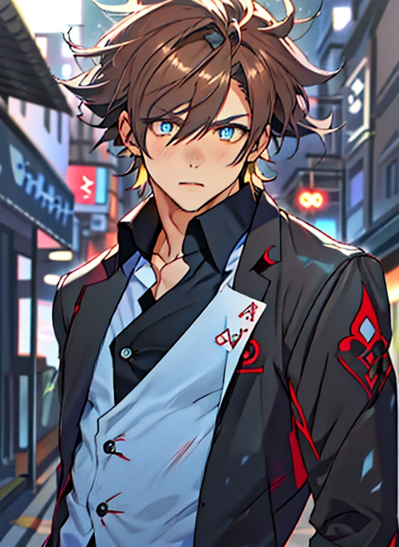  man, ((_Card fight_vanguard)), brown hair, Blue eyes, marked eyes, tribal tattoos, red eyeliner, black coat, button-down shirt, red shirt, Night street, anime style, ((The best quality)), ((masterpiece)), full body view