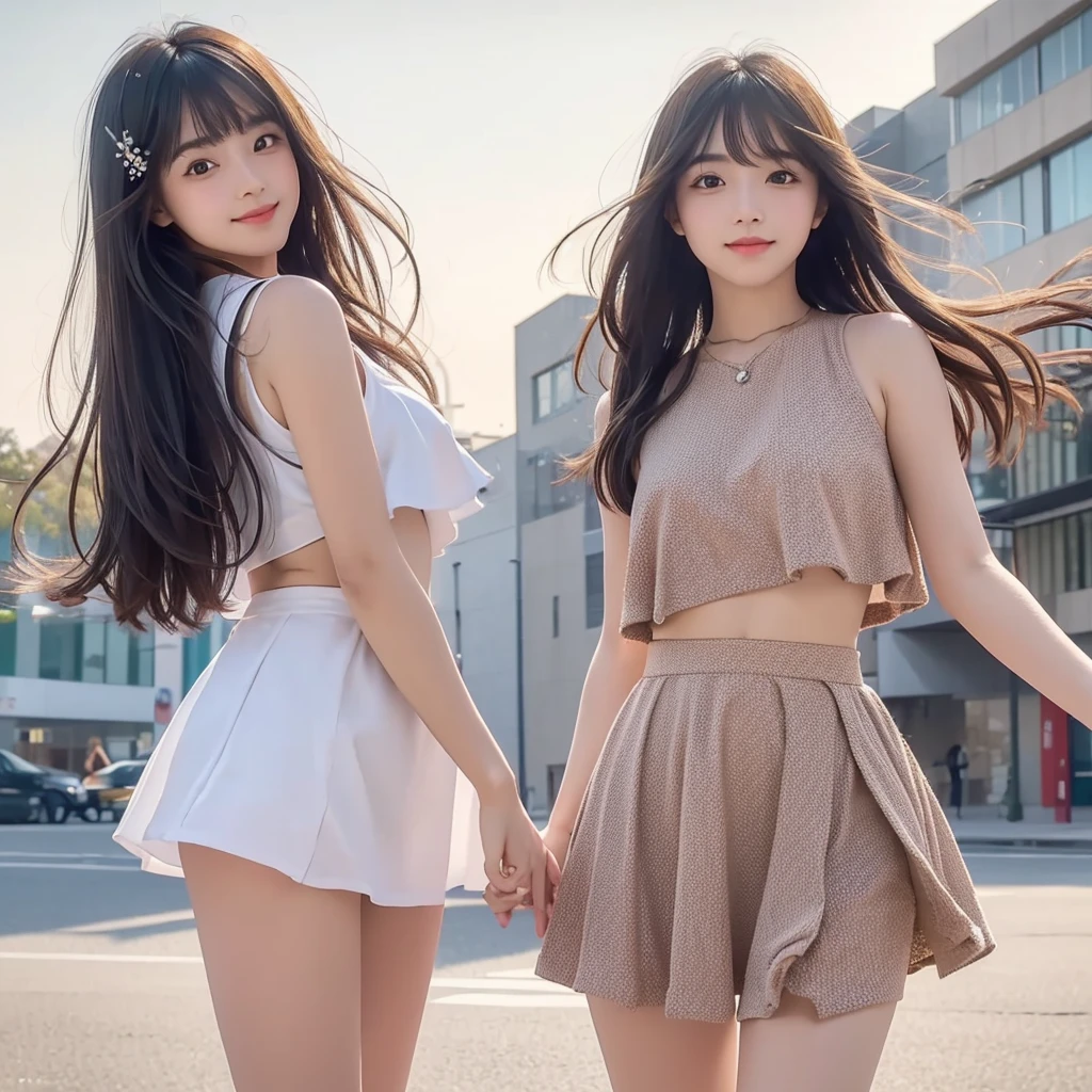 Female, 20 years old, short black wavy hair、bangss、Puffy nipple、(White Turtleneck Knit)、(Blue long skirt), Black stockingedium milk, cute smile face、((Poses that emphasize the buttocks、turned around))、sexy hiplack High Heelig necklace、((((the wind blew my skirt, expose my panties...))))、(Light blue lace panties)、Cute earrings、(Tilt your head slightly)