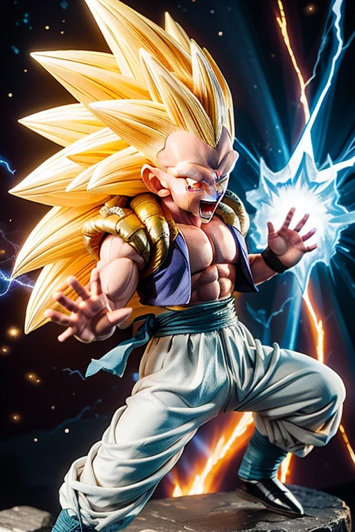 masterpiece, best quality, highest quality, perfect anatomy, perfect face, perfect eyes, well defined corneas,
gotenx-ss3-smf, super saiyan, 1boy, male focus, blonde hair, solo, muscular, blue eyes, smile, spiked hair, abs, energy ball, electricity, long hair, full body, looking at viewer, no eyebrows, pants, grin, white pants, sash, aura, blue sash, pectorals, super saiyan 3, teeth, muscular male, energy, boots, dougi