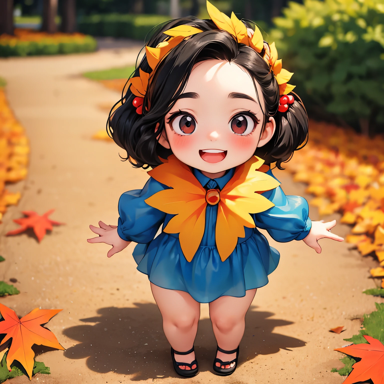 (Masterpiece), (Best Quality)， One ，Small dolls to play with outdoors，Full body portrait，Very young very ，Very short stature，Thin thighs，Black Hair，teeth，Smiling so happily，Chibi，Cute very small baby、Have，Photographed from the front、Strong bokeh，Big float，Autumn park garden，Autumn leaves，See-through clothing，Kids on background，Accurate and detailed female fingers:1.2，