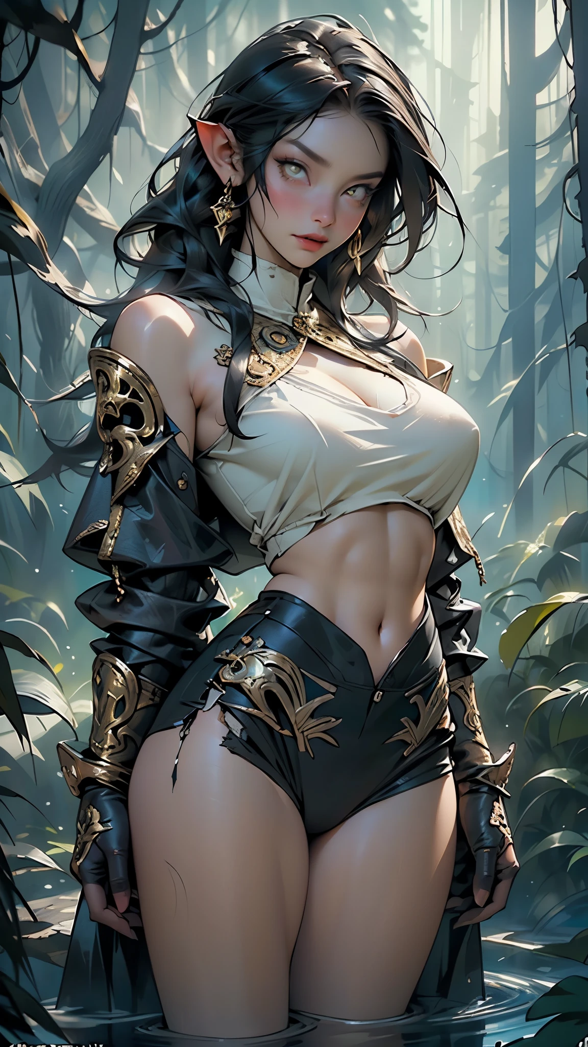 1female，32years old，huge-breasted ，Pornographic exposure， 独奏，（Background with：bamboo forrest，lotuses，lotus flower，exteriors，） She has short black hair，bobo head，Sweat profusely，drenched all over the body，seen from the front， hair straight， mostly cloudy sky，（（（tmasterpiece），（Very detailed CG unity 8K wallpaper），best qualtiy，cinmatic lighting，detailed back ground，beatiful detailed eyes，Bright pupils，Black eyes，（Very fine and beautiful），（Beautiful and detailed eye description），ultra - detailed，tmasterpiece，）），facing at camera，A high resolution，ultra - detailed），，revealing breasts，Bare genitalia，  Bulge，legs are open，Raised sexy，Camel toes，Flushed complexion，Open-mouthed，frontage，White floral headband，Gold Saint Seiya，Supergirl，elementary student（Wearing：Cloak，Black transparent apron，Filigree embroidery，fullnude，Armour，with no underpants，Iron Man uniform，cyber punk style）