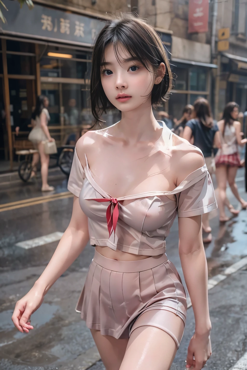 Ultra-high resolution,(reality: 1.4),Please redeem, masterpiece, Attention to detail, 16K quality, 1 beautiful girl,baby face,Highly detailed face,Detailed hands,Beautiful skin,Professional Lighting,Super sexy short hair,Beautiful eyes,(( White shirt,Red tie,Flared Skirt)),(Panty shot),Beautiful breasts,Walking around the city,Blur the background,perspective、Upper Body