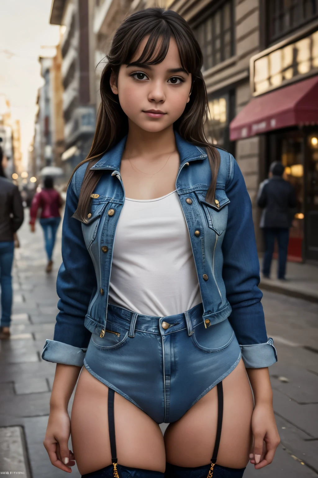 Award winning picture, Masterpiece, intricate details, (photorealistic), sharp picure, trending on artstation, Jasmine, denim jacket, leotard, thigh highs, cute tween girl, in the street