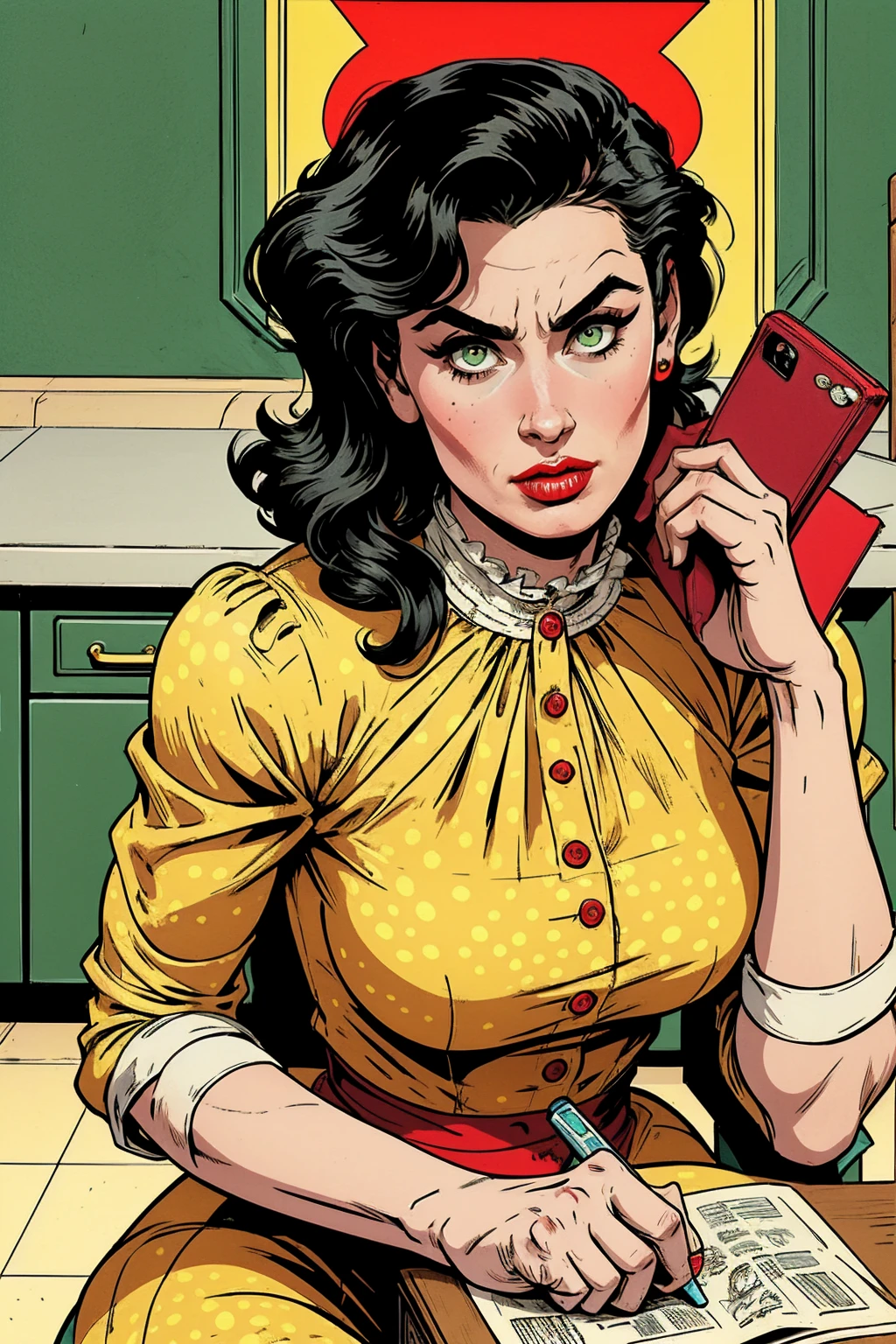 80's pop art, american propaganda comics style, Simple colors, close-up of a woman, lady killer 80's medium hair, black hair, green eyes, heavy make-up, red lipstick, provocative, angry face show at the viwer ,wearing a yellow Victorian dress with white polka dots, sitting on the floor of a bloody kitchen on the phone