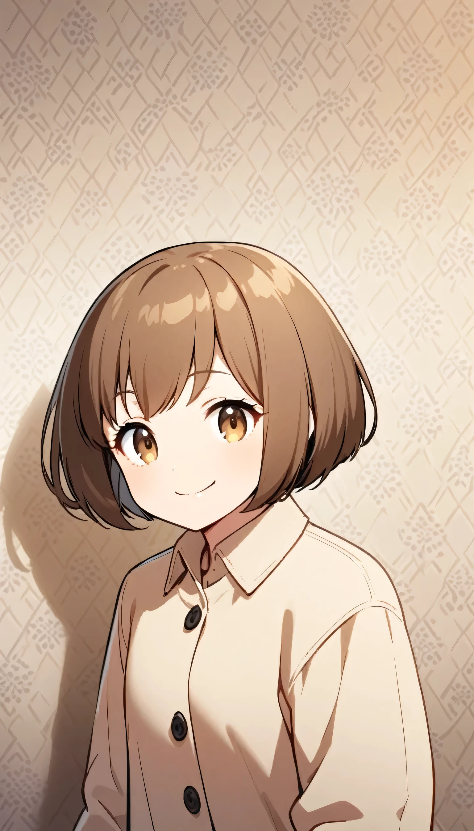 One person,Brown hair,Big sister,Beige coat,Smile,Half Body,One person,Natural facial expression,One person,Short hair,wallpaper,画面中只有One person,Standing