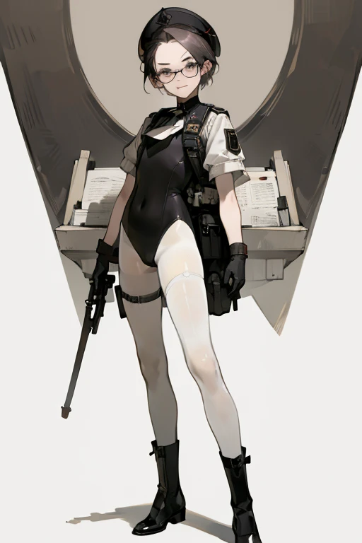  thick hips,  thick thighs, platform  heels, high white high cut leotard, huge breast, thin waist, bob cut hair, weapon, tanned skin, gun, angry look, scream, thick body, muscle, cyberpunk, stockings, blonde,