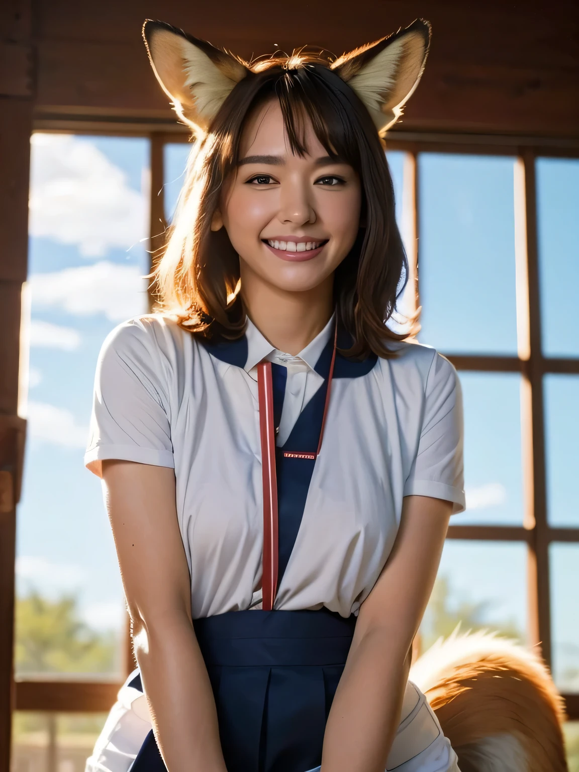 ((Best Quality, 8k)), ((masterpiece)), (Highest Resolution), Perfect Face, Woman with fox ears, Woman with a tail, Beautiful woman, She is a student at school, It was taken at school, Only one tail, She has thick thighs, Her big fox tail, I can see her fox tail, She wags her tail, With collar, She is wearing a school uniform, Big Hips , Her fox tail is sticking out, Her tail is fox-colored, Smiling with teeth showing