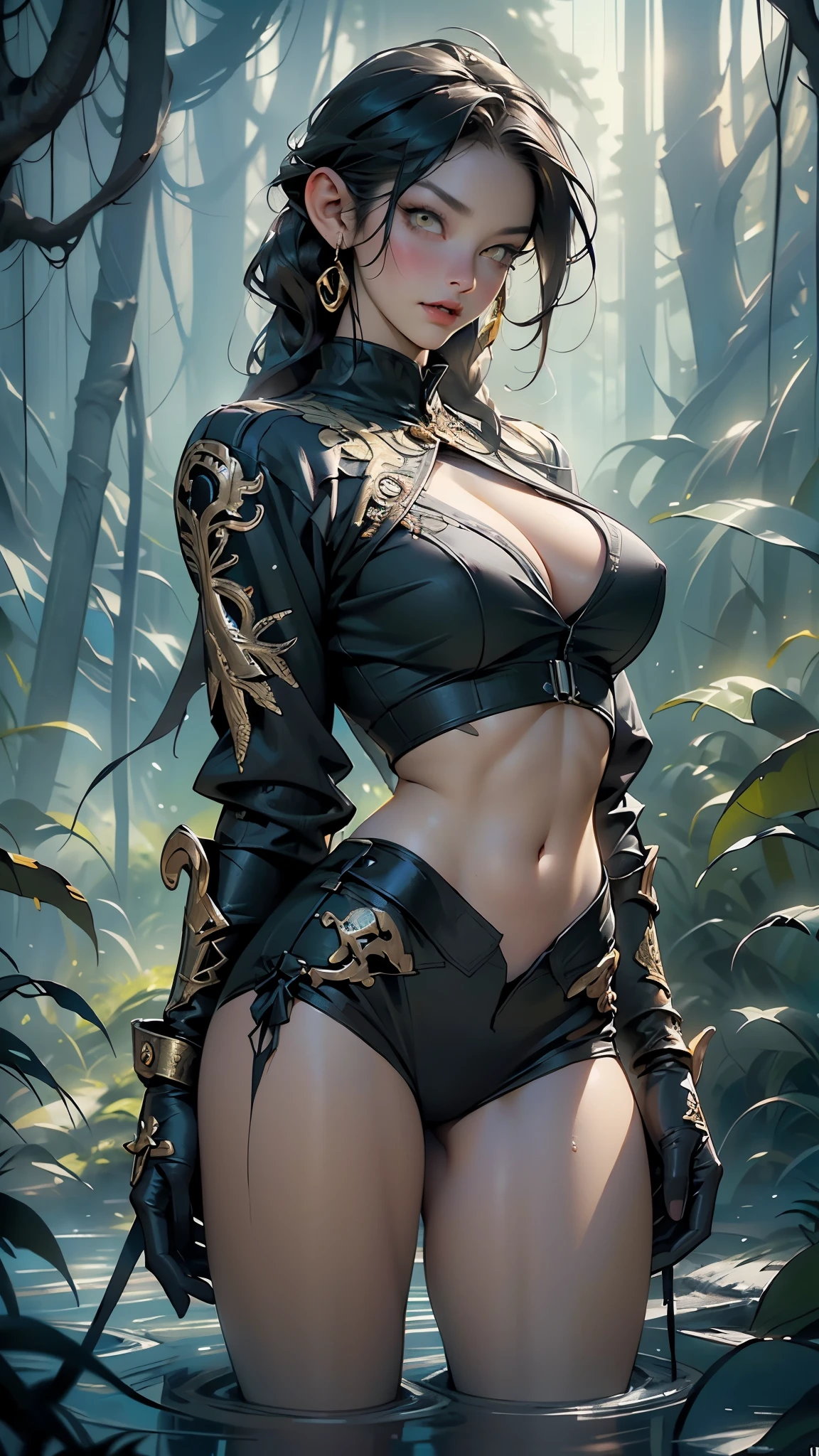 (best quality,4k,8k,highres,masterpiece:1.2),ultra-detailed,(realistic,photorealistic,photo-realistic:1.37),sexy oriental girl ninja with a mask,detailed eyes and lips,sleek black hair flowing in the wind,athletic and fit physique,confident expression,leather bikini with intricate patterns and textures,fishnet stockings,thigh-high leather boots,dual katana swords glimmering with intricate engravings,mysterious fog surrounding her,ancient Japanese-inspired garden background,subtle cherry blossom petals drifting through the air,vivid color palette with deep reds and rich golds,dramatic lighting casting shadows on her face and body,subtle highlights accentuating her curves,enhanced contrast to bring out the details,striking composition focused on her powerful stance and alluring gaze