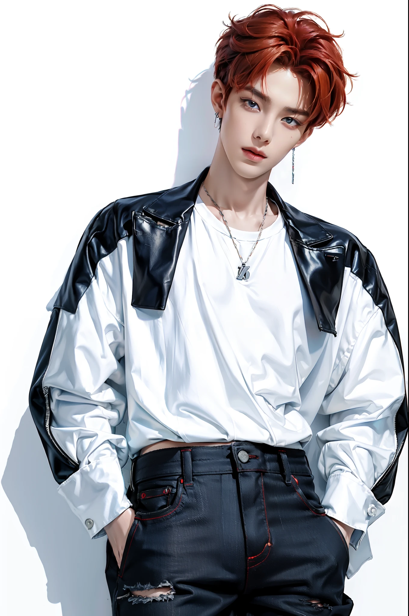 ((1 man)), Alone, looking at the viewer, red hair on one half and white hair on the other half, wearing a smart school outfit, a black pants, black eyes , Upper part of the body, Gray background, realist, dioknigsreuter