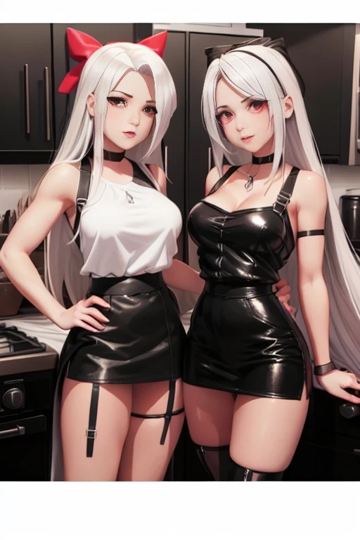 Anime girl with white hair and rabbit ears,red color eyes,Shy blush,National Wind Mech,cyber punk perssonage, ((deep cleavage 1.8, oily skin, oily body, huge perky breasts, curvy, hands on waist, ))(erotic smile)) cameltoe 1.8, ((kissing each other, touching eachother))
