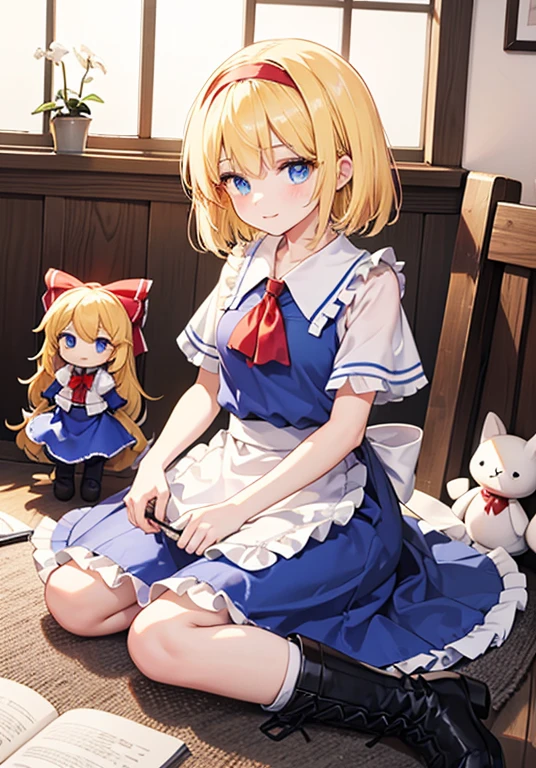 1 girl、(Top quality high resolution)、((A masterpiece of the highest quality:1.2))、blonde hair、blue eyes、Blue headband、(alice in wonderland)、white shirt、The sleeves are fluffy、blue apron、(No panties、Pussy、spread pussy、nsfw)、forested background、ウサギのstuffed toy、stuffed toy、hug、sit on top、hug a stuffed animal、、、Chiquita、look at the camera、embarrassed look、It is drawn from head to thigh、[[bad face]], [[fused fingers]]