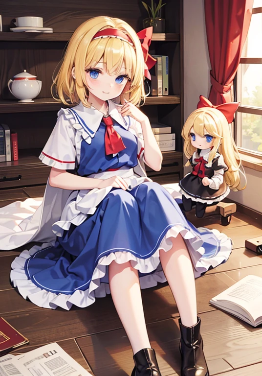 masterpiece, top quality, super detailed, CG illustration, high resolution, better lighting, best shadows, very delicate and beautiful, proper shading, hd, 8k,alice margatroid, 1girl, solo, looking at viewer, short hair, blonde hair, simple background, white background, dress, green eyes, hairband, aqua eyes, book, sash, capelet, blue dress