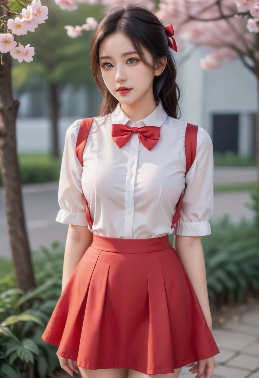 No one, (masterpiece, Best quality:1.2), Solitary, Flanders Scarlet, Plush Toys, red Vest, wing, crystal, Vest, Outdoor, Short sleeve, Keep, Puff sleeves, skirt, shirt, red skirt, puffy Short sleeve, Ascot, Wrist cuffs, white shirt, bow, decorate, red bow, collared shirt, ribbon, frilled shirt collar, Red Ribbon, Very beautiful