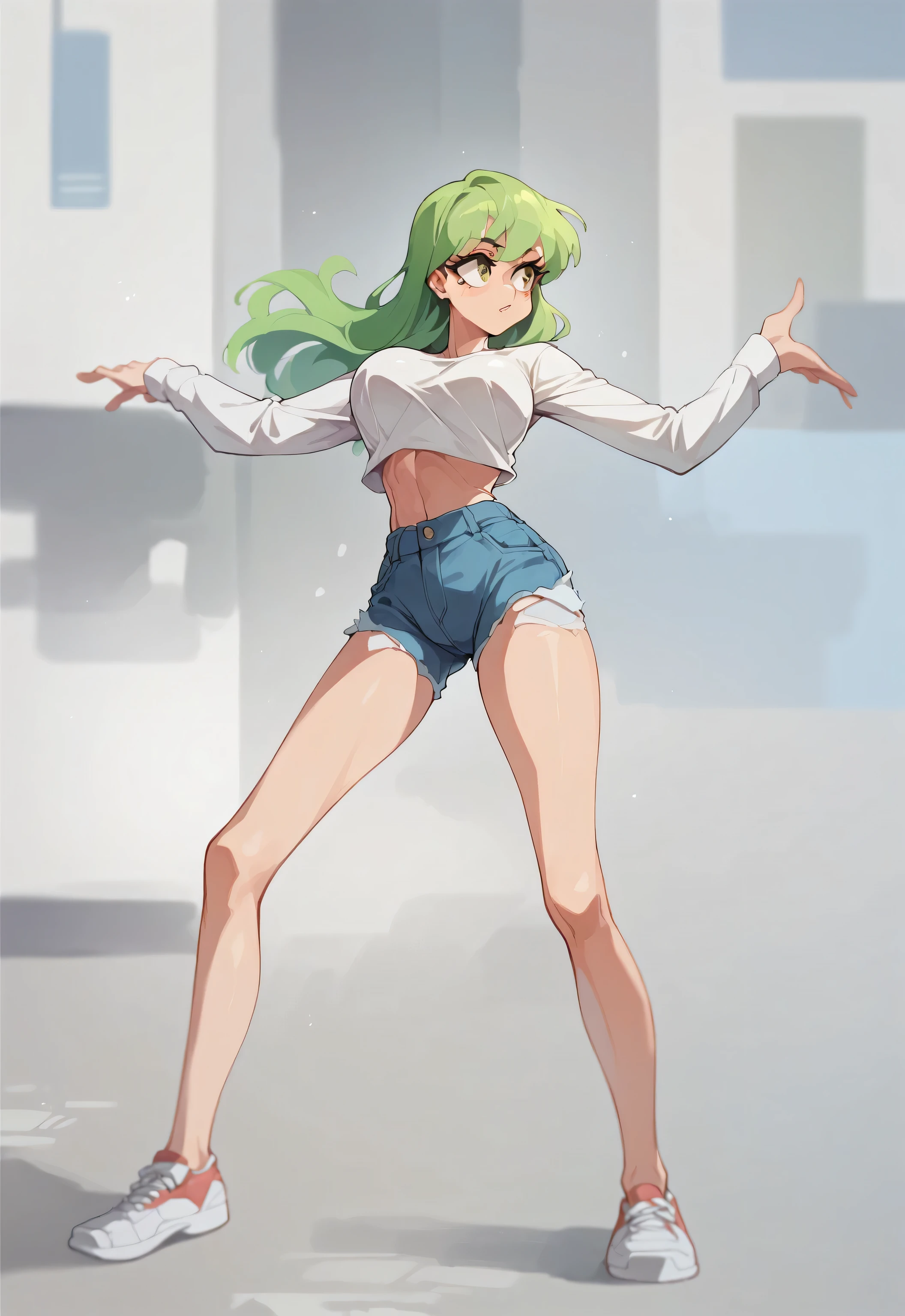 Masterpiece , Excellent quality , high resolution , 1 woman , Long green Hair , White shirt , Jean Shorts , abdomen , big breasts , Long legs , sneakers , dancing 