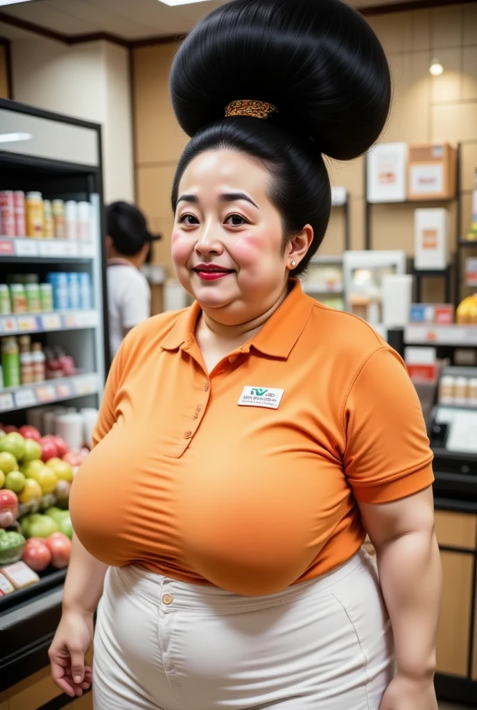 8k,Highest quality, masterpiece, Ultra-high resolution,(masterpiece:1.6, Highest quality), Intricate details, 1 lady, Middle-aged woman in her 50s, japanese, full body, top of head,((jet Black Hair)) ,((big bang, A gigantic hair bun,Very big hair bun:1.5)), ((forehead:1.5)),(Tortoiseshell hair clip:1.5), (extremely obese, Fat face, round face, Saggy face, crow's feet wrinkies, saggy body), (((Super huge breasts:1.8))), (((super Saggy breasts:1.8))), ((cleavage:1.6)),((pale skin, shiny skin, Smiling happily)),((Orange polo shirt,White shorts,White sneakers:1.2))((supermarketの店員をしている巨大なhair bunの熟女:1.5)),((supermarket,Cashier))