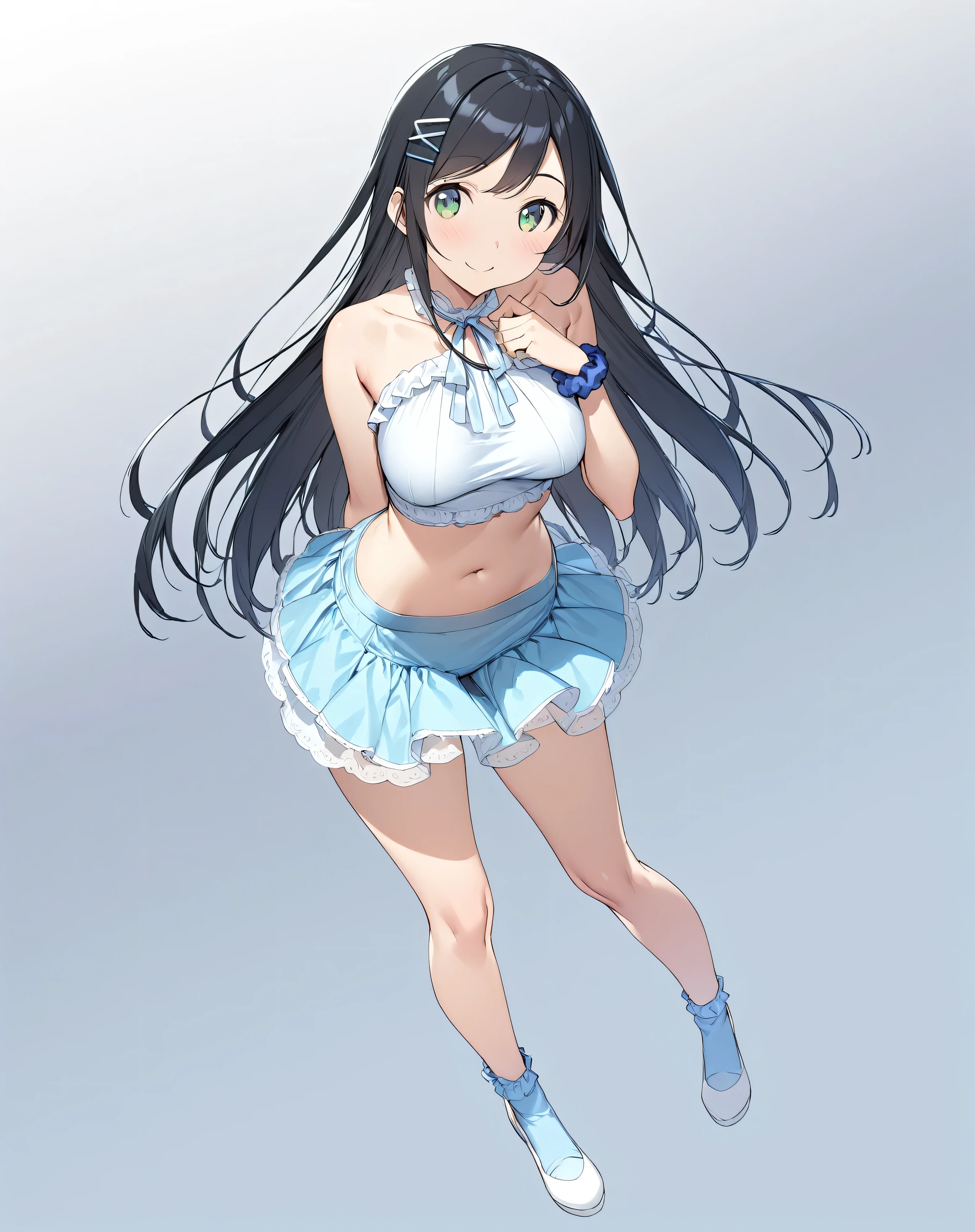 (masterpiece)、(Very high quality)、(Ultra-high resolution)、(Ultra-detailed)、(Intricate details)、4K、8k、
(High Contrast:1)、
(Head to Toe:1.5、Full body portrait:1.5)、In the center:1.5、
(Aragaki Ayase)、
(so beautiful:0.9)、(Very cute:0.9)、
Round face、(Brighten the face:0.3)、
(Straight long black hair)、Long Hair、bangs、(Hair Clip)、
(Detailed face:0.7)、(High nose:0.3)、(smile:1.0)、
Beautiful breasts、Round Breasts、
Five Perfect Fingers、Big green eyes、
Delicate and smooth skin、Beautiful Skin、Textured Skin、
(White off-the-shoulder top)、(Pink ruffles on the hem of the top)、
(Blue Mini Tight Skirt)、(Pink frills on the hem of a mini tight skirt)、Blue knee-high socks、White pumps、
Blue scrunchie on wrist、
(Bare midriff exposed)、I can see her blue panties with white frills、
Delicate fabric、
(((Lean forward:0.5)))、
(Studio Lighting:0.2),
(Wide lighting:0.2),
Slender body,
Average chest,
Sublime Heights,
Charge,
Dutch Angle,
(Solo Focus:1.0), (standing:1.5),
(Full Body Shot:1.5),
(Showing off the muscles),
(No background:1.5),
