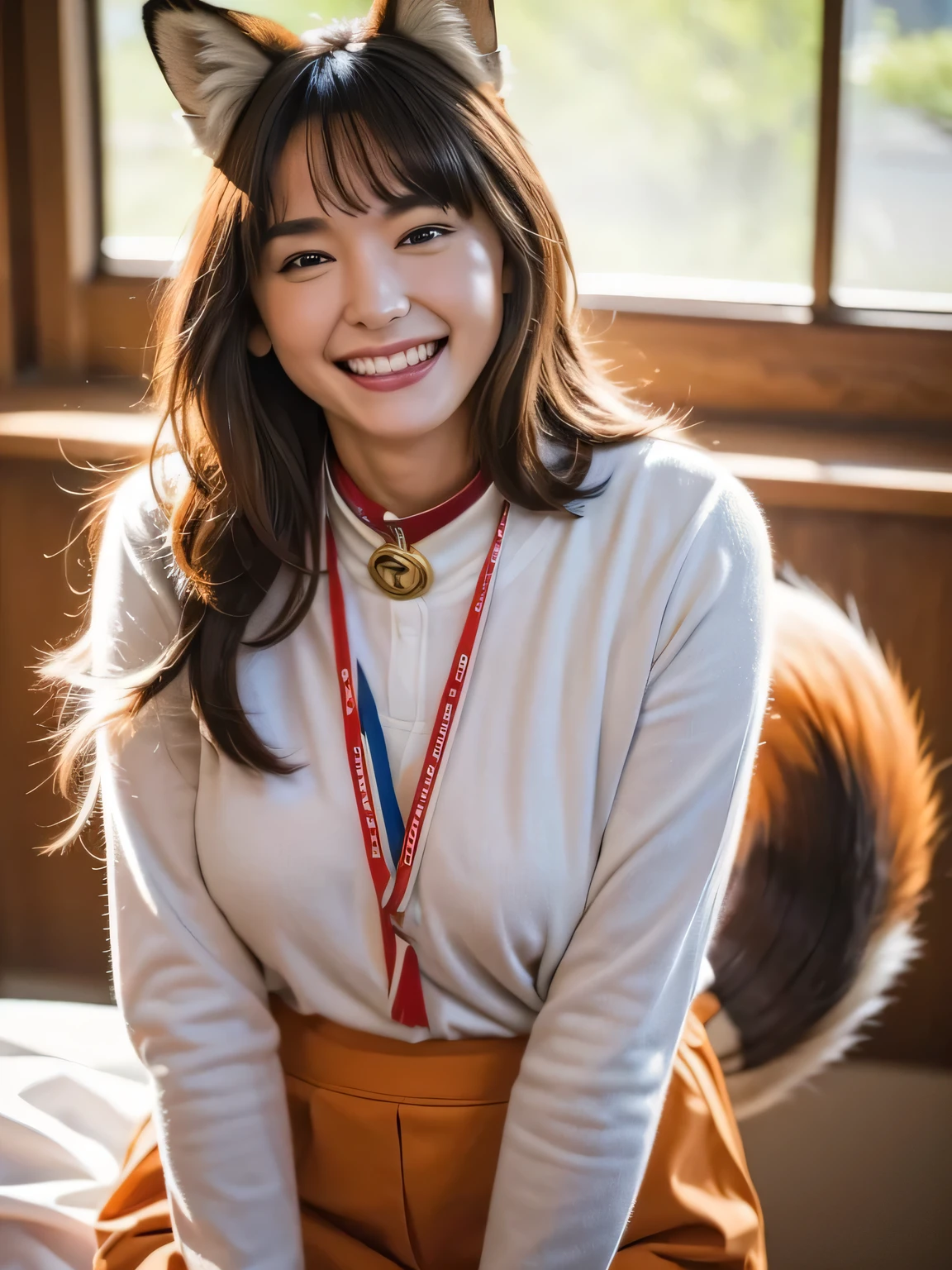 ((Best Quality, 8k)), ((masterpiece)), (Highest Resolution), Perfect Face, Woman with fox ears, Woman with a tail, Beautiful woman, She is a student at school, It was taken at school, Only one tail, She has thick thighs, Her big fox tail, I can see her fox tail, She wags her tail, With collar, She is wearing a school uniform, Big Hips , Her fox tail is sticking out, Her tail is fox-colored, Smiling with teeth showing