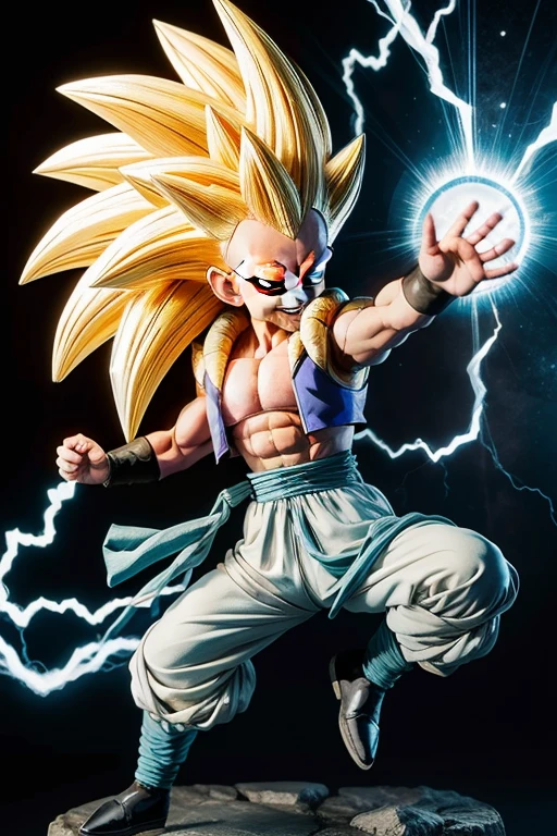 masterpiece, best quality, highest quality, perfect anatomy, perfect face, perfect eyes, well defined corneas,
gotenx-ss3-smf, super saiyan, 1boy, male focus, blonde hair, solo, muscular, blue eyes, smile, spiked hair, abs, energy ball, electricity, long hair, full body, looking at viewer, no eyebrows, pants, grin, white pants, sash, aura, blue sash, pectorals, super saiyan 3, teeth, muscular male, energy, boots, dougi