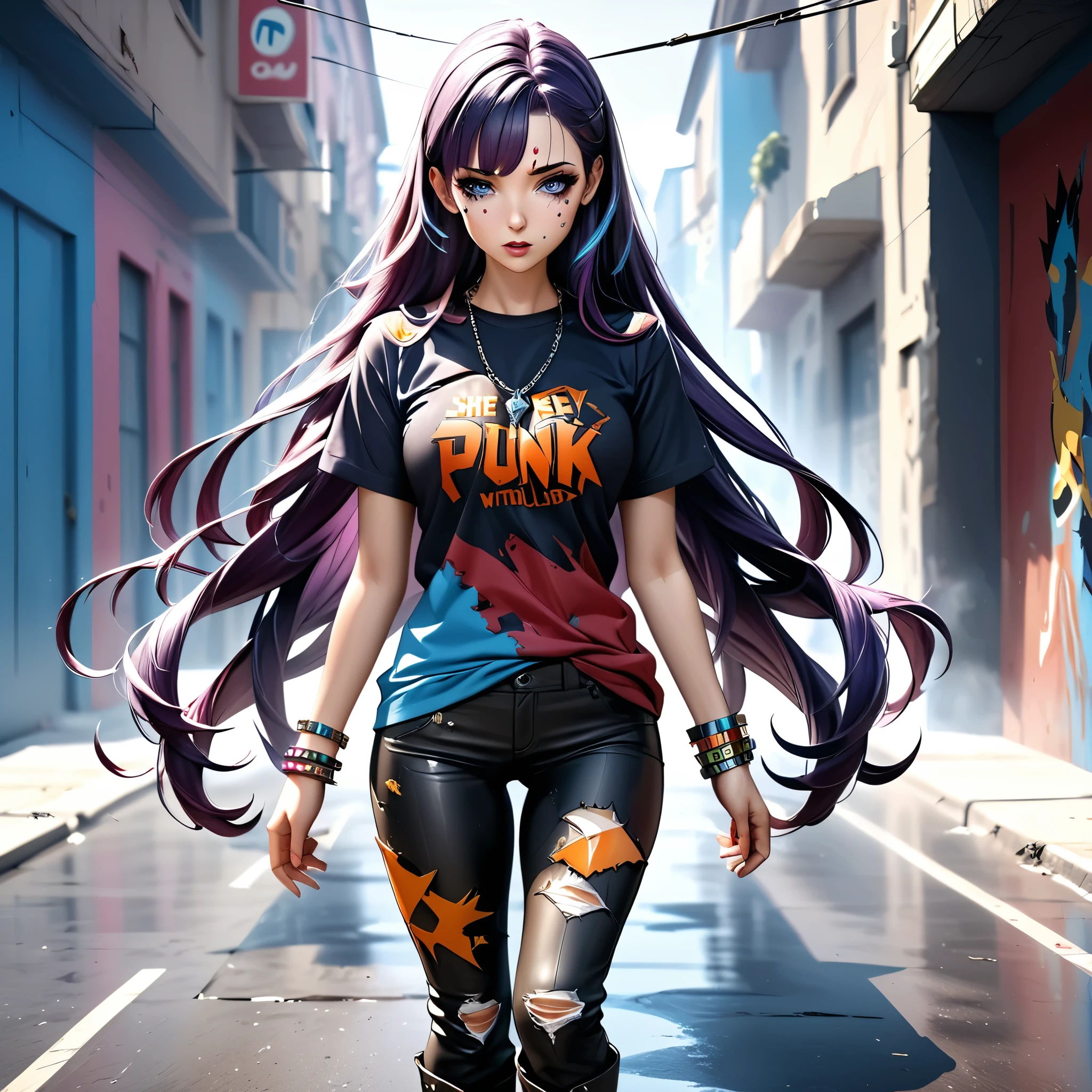 masterpiece, 4k, HDR, full HD, (best quality), (ultra detailed), (only), (extremely delicate and beautiful fabric), super intricate ANIME TYPE, best quality, 1girl, very expressive eyes, deep purple hair, hyper beautiful face, hair purple, Perfect anatomy, shiny and oily skin, full body, alone, 1girl, expressive eyes, perfect face, (bright purple hair, long hair), looking at viewer, bright blue eyes, beautiful face, perfect face, perfect hands, perfect legs, super detailed clothing, intricate clothing, messy and spiky style similar to Jinx's, would be long and messy, with strands sticking up in different directions. her uniform an outfit inspired by Jinx's punk and flashy style. He wears a tight leather jacket, with studs and patches, combined with a T-shirt with the word "NERV". He wears ripped and tight pants, with details such as brightly colored chains. He would wear tall, sturdy combat boots, decorated with metallic details and perhaps a touch of paint. She has a series of striking accessories, such as bracelets and necklaces, mixed with elements of punk and urban style. Her makeup would be bold, with intense black eyeliner and lips painted in vibrant colors. He would have a mischievous and energetic expression, mirroring Jinx's attitude. Instead of Eva's weapons, Misato could have gadgets and explosives reminiscent of Jinx's crazy weapons and tricks, like smoke bombs or colorful devices.