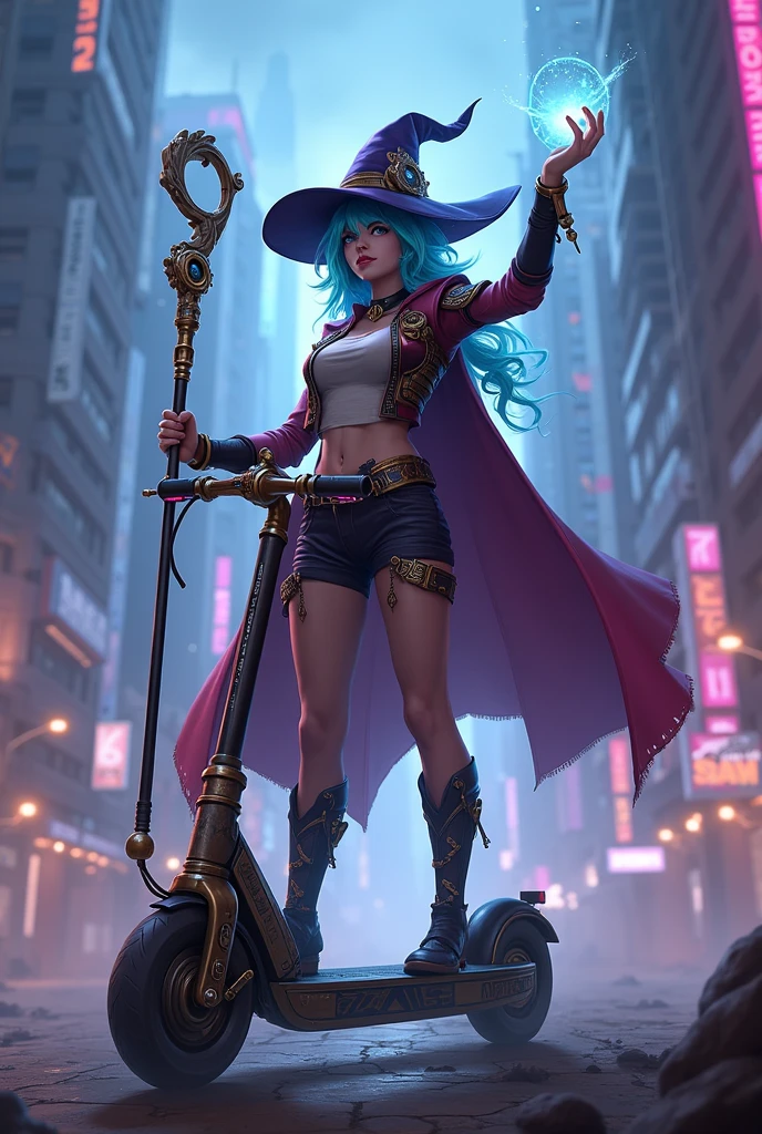 the character Luxi from lol wild rift happy holding her staff, Tokyo city background at night with lots of cyber punk led lights, and in the other hand she is holding an iPhone 13 Pro Max taking a selfie, ultra realisitic, with great quality, selfie photo size