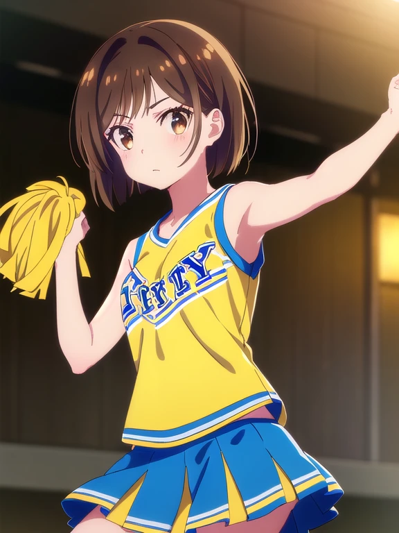 ((Cheerleader)),((Long Bob:1.5, Shaggy,bangs, Brown Hair)),mizuharachizuru, Chizuru Ichinose, solo woman, (Brown eyes:1.5),(Baseball Stadium),Blushing,A look of shame,looking at viewer,(Cowboy Shot:1.5),(masterpiece:1.2), Best Quality, High resolution, Unity 8K Wallpaper, (Illustration:0.8), (Beautiful detailed eyes:1.6), Highly detailed face, Perfect lighting, Highly detailed CG, (Perfect hands, Perfect Anatomy),