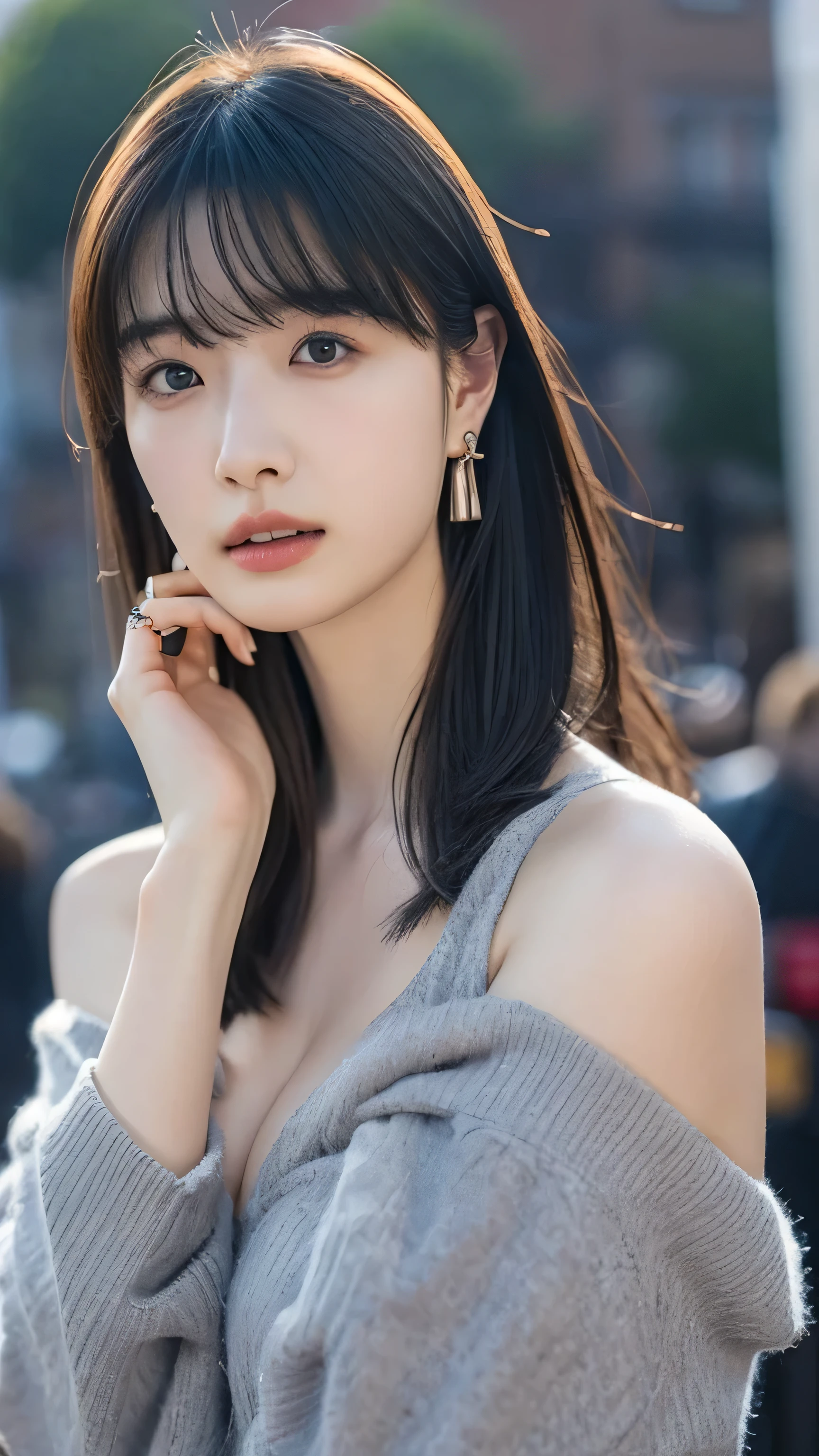 (masterpiece:1.2, top-quality), (Realistic, photoRealistic:1.4), Beautiful illustrations, (Natural Side Lighting, Cinema Lighting), View your viewers,Big Breasts、Big cleavage、small designer bags、Accentuate your bust、Grey off-the-shoulder sweater dress、Fascinating face、Bewitching atmosphere、Black Hair、、Tying up hair、Rings Earrings、Ear Cuff、Lots of piercings、