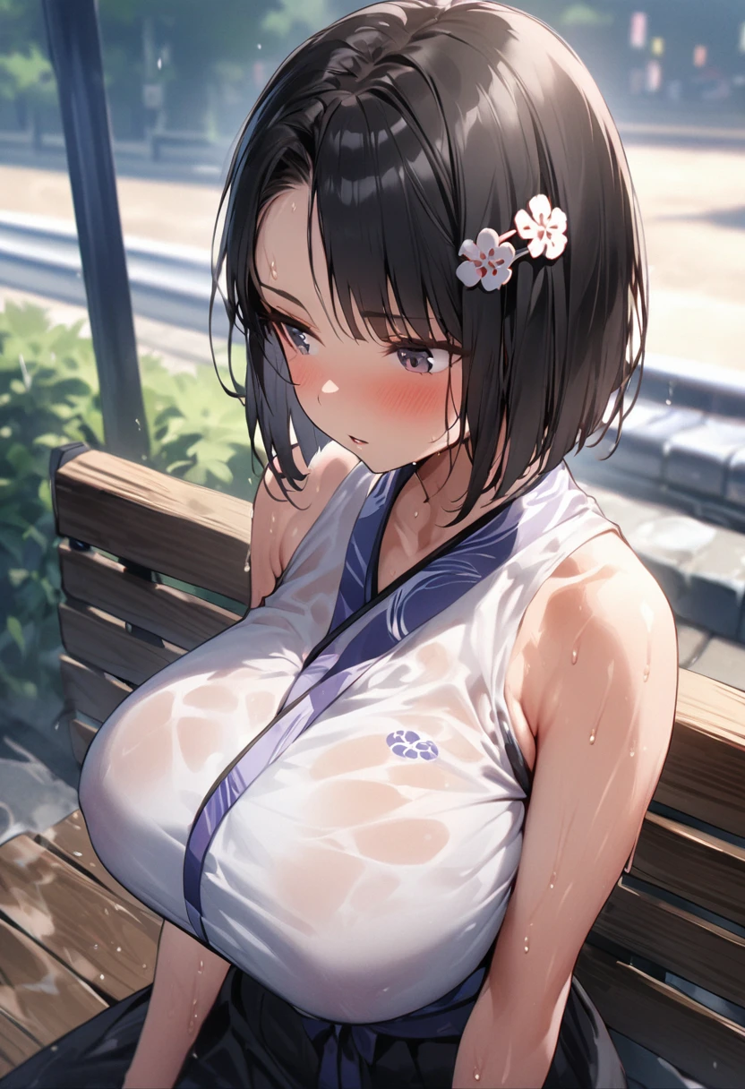  (nsfw:1.5), (Topless:1.5), (show off nipples:1.5), Super detailed, High resolution, Absurd, High resolution, 2b, Gray Hair, short hair, Black hair band, Expressive blue eyes, hair over right eye, Patterned black dress, Black gloves, Nier Automata, cherry blossoms, Pink petals, Very beautiful, woman, alone, Highly detailed eyes and face, Pink butterfly, water, masterpiece, Highest quality, Sparkling,