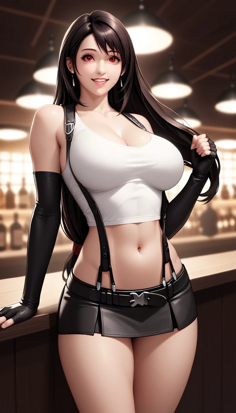 (Realistic: 1.4), Realistic photo style, Best Quality, very delicate and beautiful, High resolution, High image quality, masterpiece, Very detailed, One girl, Tifa_Lockhart, smile, Cowboy Shot, suspenders, Low rise, mini skirt, Tank tops, Tense shirt, Black Hair, Long Hair, Elbow gloves, beautiful detailed red eyes, Face Light, Cinema Lighting, belly button, High exposure, Exposed belly, ( Big Breasts: 1.2), Dynamic pose, Dynamic Angle, Old bar counter, Blur the background, Fluttering Hair, Beautiful woman, I work in a bar