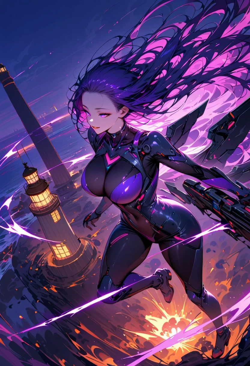 One young and beautiful woman,(Best Quality,Extremely detailed depiction,Incredibly absurd high definition,Anatomically accurate),(Futuristic body suit,Futuristic exoskeleton,Mechanical Wings,Mechanical thrusters),(Intensely glowing purple eyes,Half-closed eyes:1.3,eyelash,Large Breasts,Wicked Smile,Glossy lips,Mouth open,Beautiful legs,sweat),(Full body image:1.3),Battle Scenes:1.3,explosion,Laser,My hair is blowing in the wind,A strong wind is blowing,Seaside,(background:Huge Lighthouse:1.3),(From above:1.3),Looking down at the ground,Holding a gun on the ground,Sideways perspective:1.3