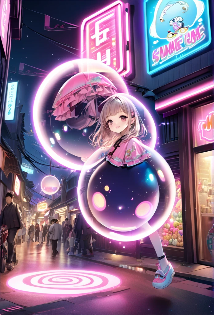 Realistic、whole body、Chibi Musume、smile、Cute Shoes、Neon light clothes、Floating in the air、A soft, spherical light is emitted around Chibi Musume.、Around town
