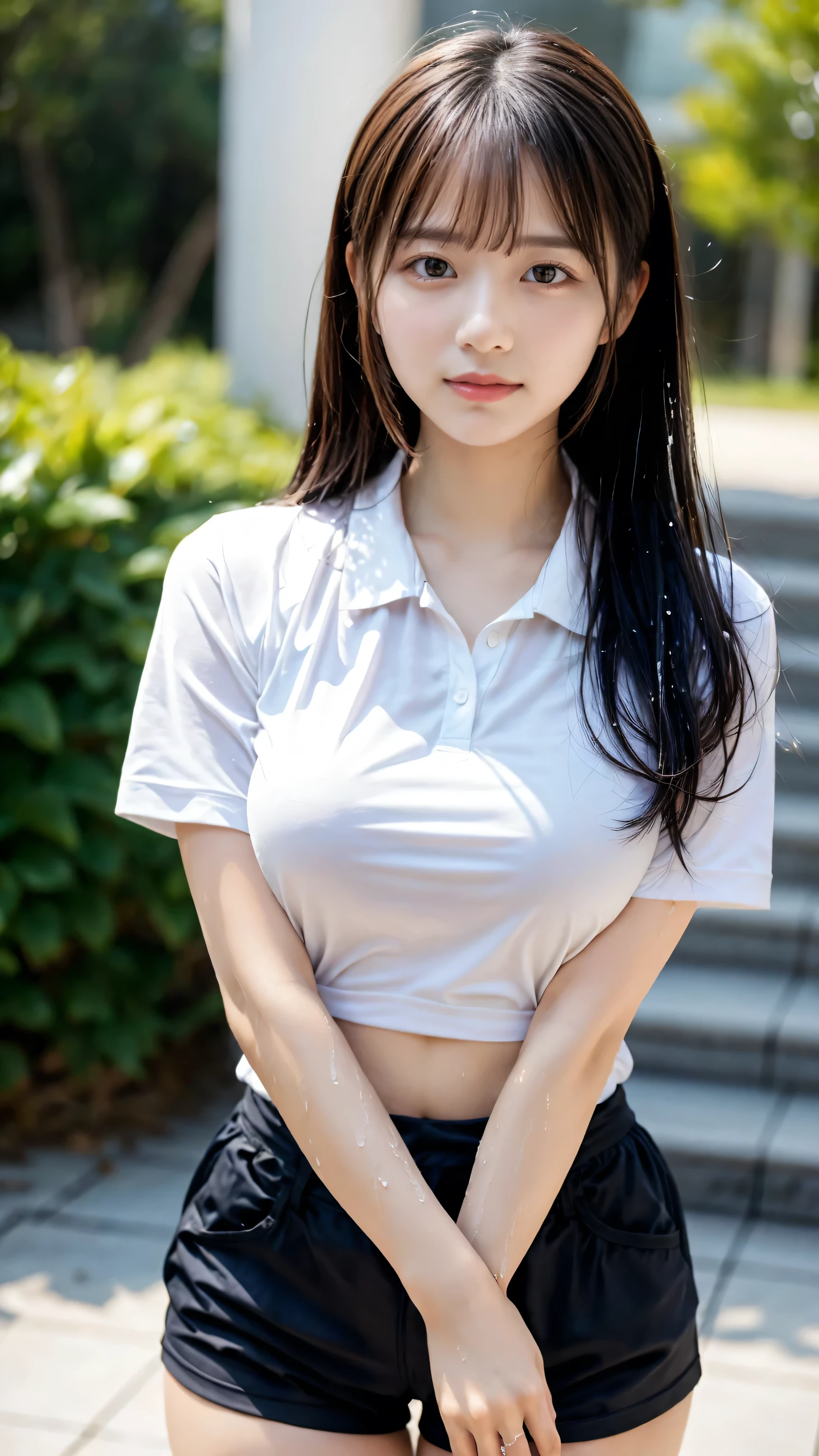 1girll, 独奏, White polo shirt, White sneakers, Tennis Wear,open navel， White Lace Mini Skirt, tmasterpiece, best qualtiy, realisticlying, ultra - detailed, (shiny skins, perspired:1.4), absurderes, looking at viewert, long golden hair, blue color eyes,slenderness,dynamic light and shadow,hight resolution,Sharp Focus,depth of fields,The eyes are delicate,Sharp pupils,pupil realistic,(middlebreasts:1.6),(Thighs thick:1.0),outside of house,Skysky