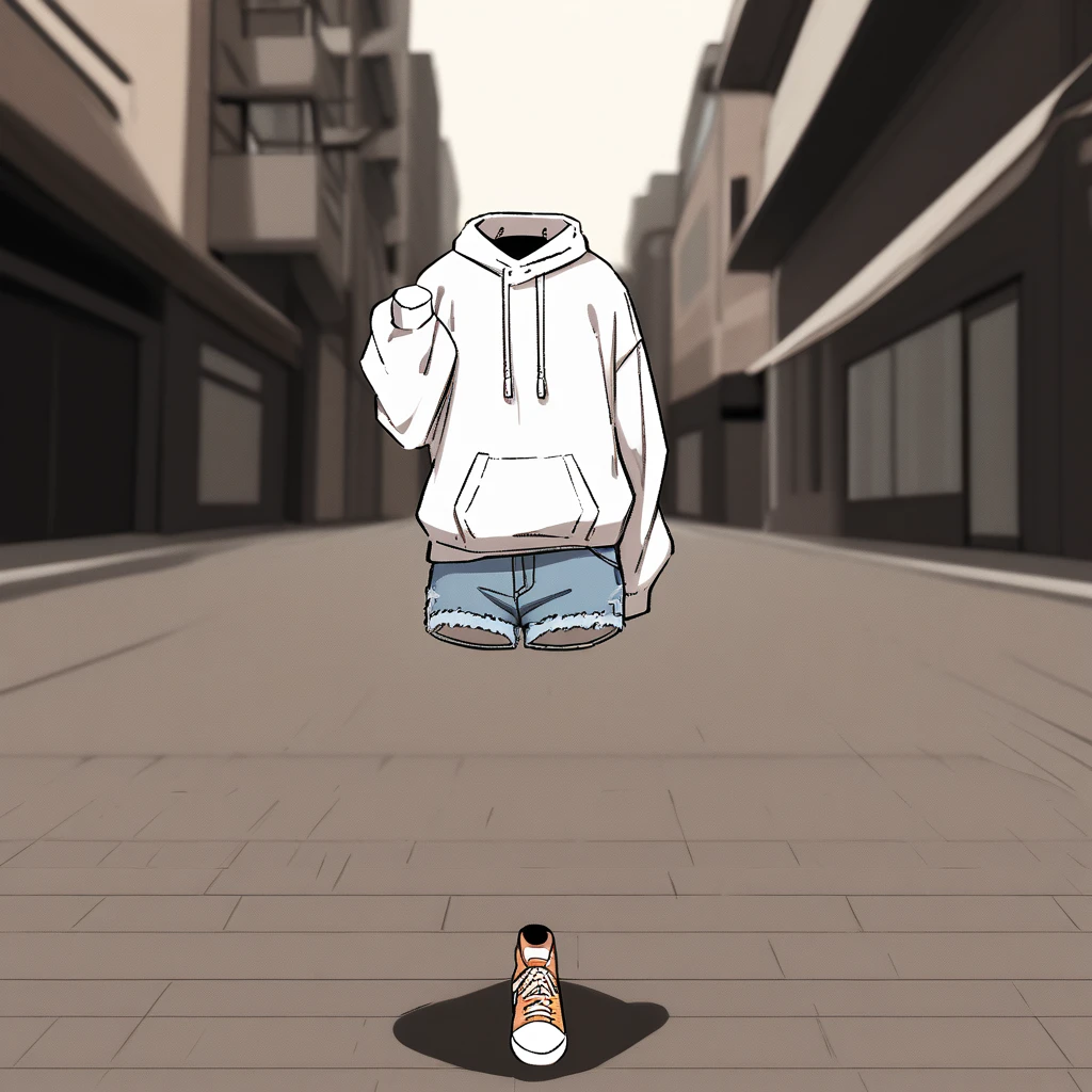 "A headless person wearing a white hoodie and denim shorts walking down an urban street. The hoodie has simple designs on it, and the shorts are frayed at the edges. The background shows modern storefronts and tall buildings, giving a casual city vibe. The headless figure walks alone on the sidewalk in broad daylight."