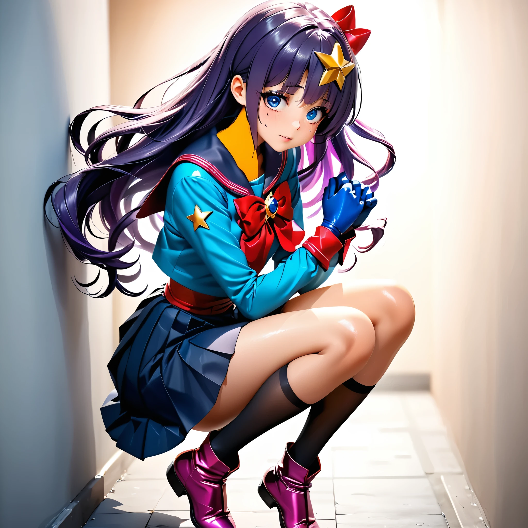 masterpiece, 4k, HDR, full HD, (best quality), (ultra detailed), (only), (extremely delicate and beautiful fabric), super intricate ANIME TYPE, best quality, 1girl, very expressive eyes, deep purple hair, hyper beautiful face, hair purple, Perfect anatomy, shiny and oily skin, full body, alone, 1girl, expressive eyes, perfect face, (bright purple hair, long hair), looking at viewer, bright blue eyes, beautiful face, perfect face, perfect hands, perfect legs, super detailed clothing, intricate clothing, outfit very similar to sailor moon, She wears a kind of pink bow with a purple gem on top of her blouse, like the sailor version in the anime. A short pink pleated skirt, with two white lines at the end. The skirt is super tight at the waist, with yellow buttons. Blue gloves: They cover a little above the wrists, fingers are exposed. High red ankle boots, a pink ribbon that she wears on her head, sideways, forming a bow, with a gold star in the center. Some black stockings that extend before the skirt. 