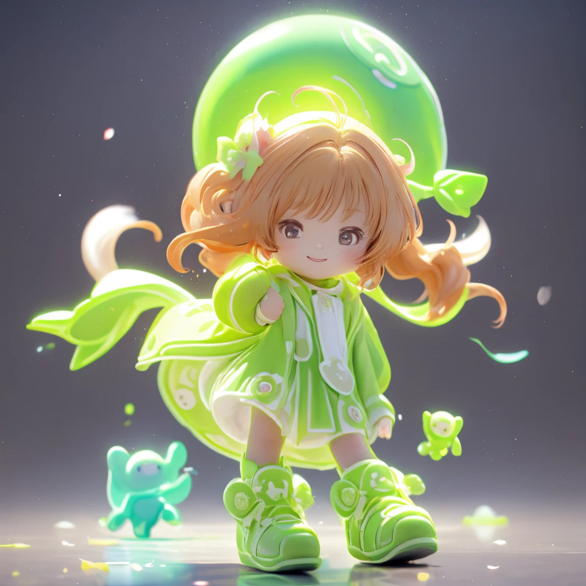 Realistic、whole body、Chibi Musume、smile、Cute Shoes、Neon light clothes、Floating in the air、A soft, spherical light is emitted around Chibi Musume.、Around town
