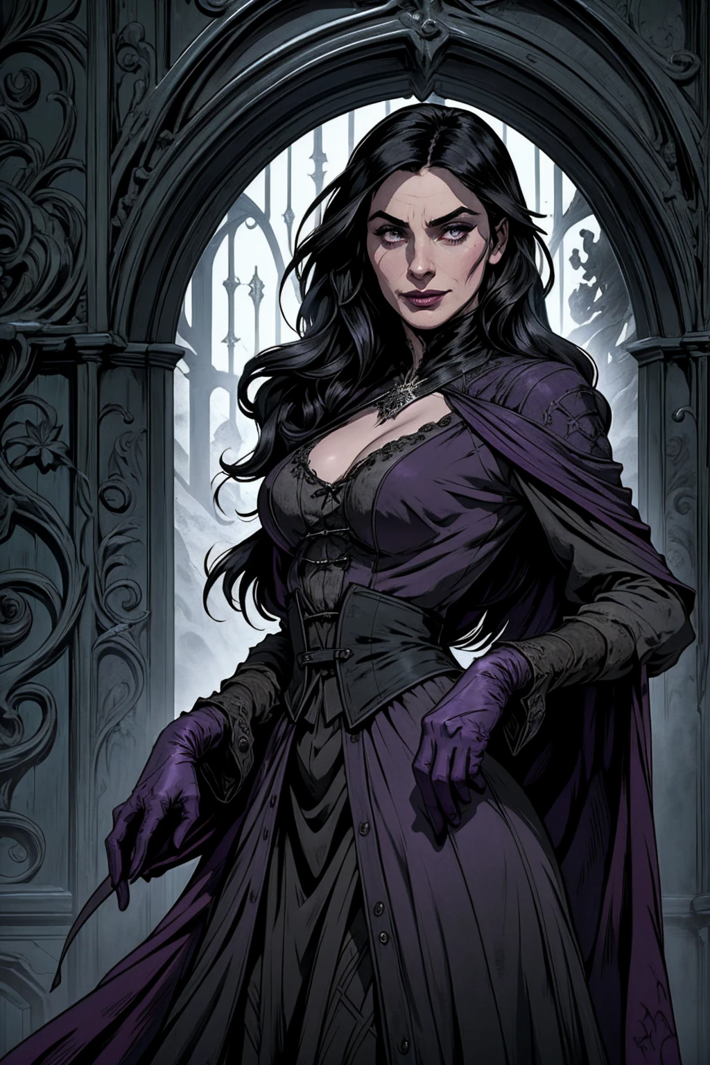 woman 35 years old, witchcraft, magician, victorian clothes, where poison potions and vines abound, a woman (yennefer), very long black hair (black hair), (purple eyes), nekless . Indifferent look , merciless, dancing witk a demon, Angry face, dinamic poses, egoist smile,