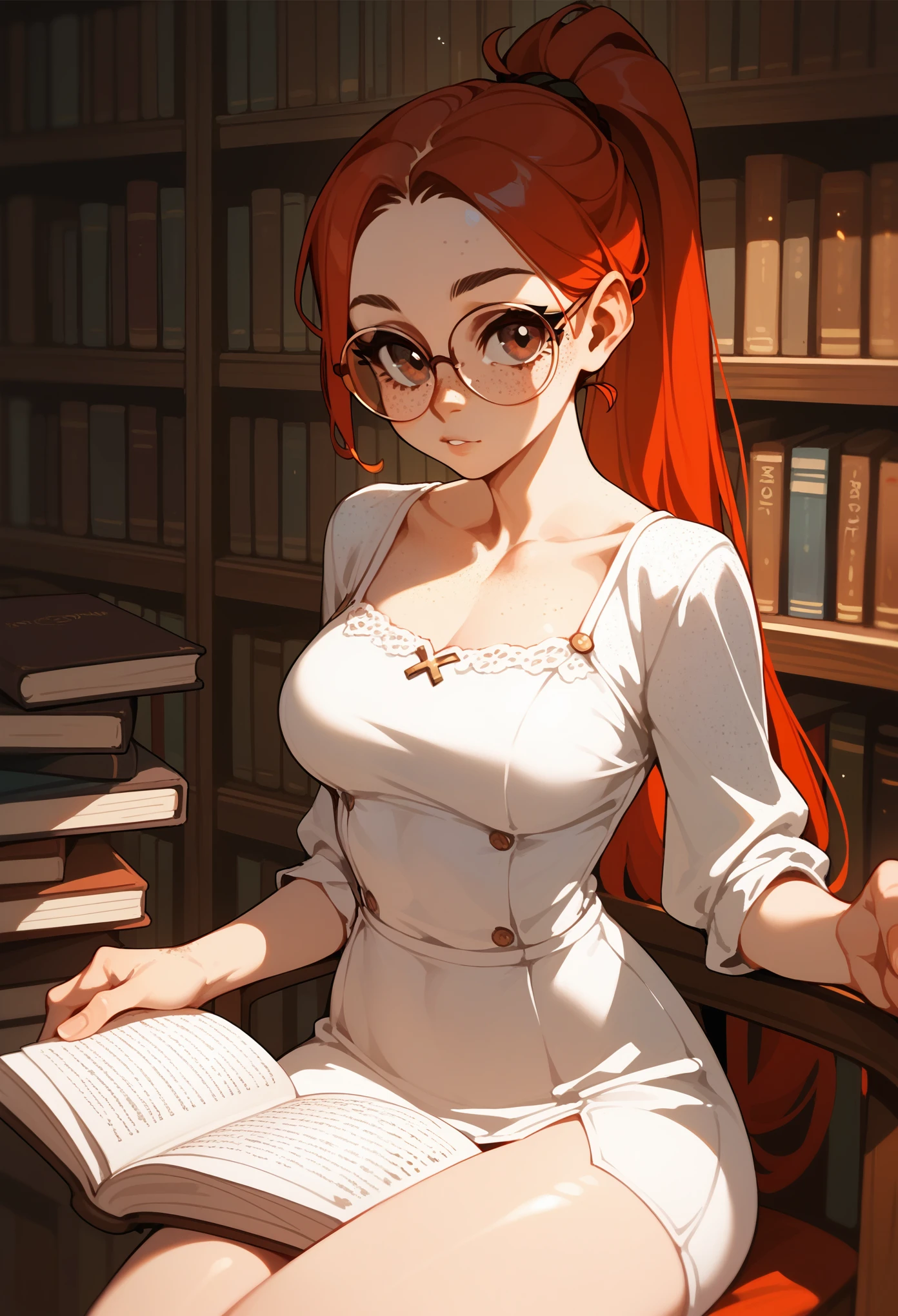 (score_9, score_8_up, score_7_up), (anime), 1girl, petite, long red hair, ponytail, hazel eyes, gradient eyes, freckles on the face, calm expression, medium breasts, wide hips, glasses, white dress, sitting, looking at viewer, holding a book, indoors, library, flat colors