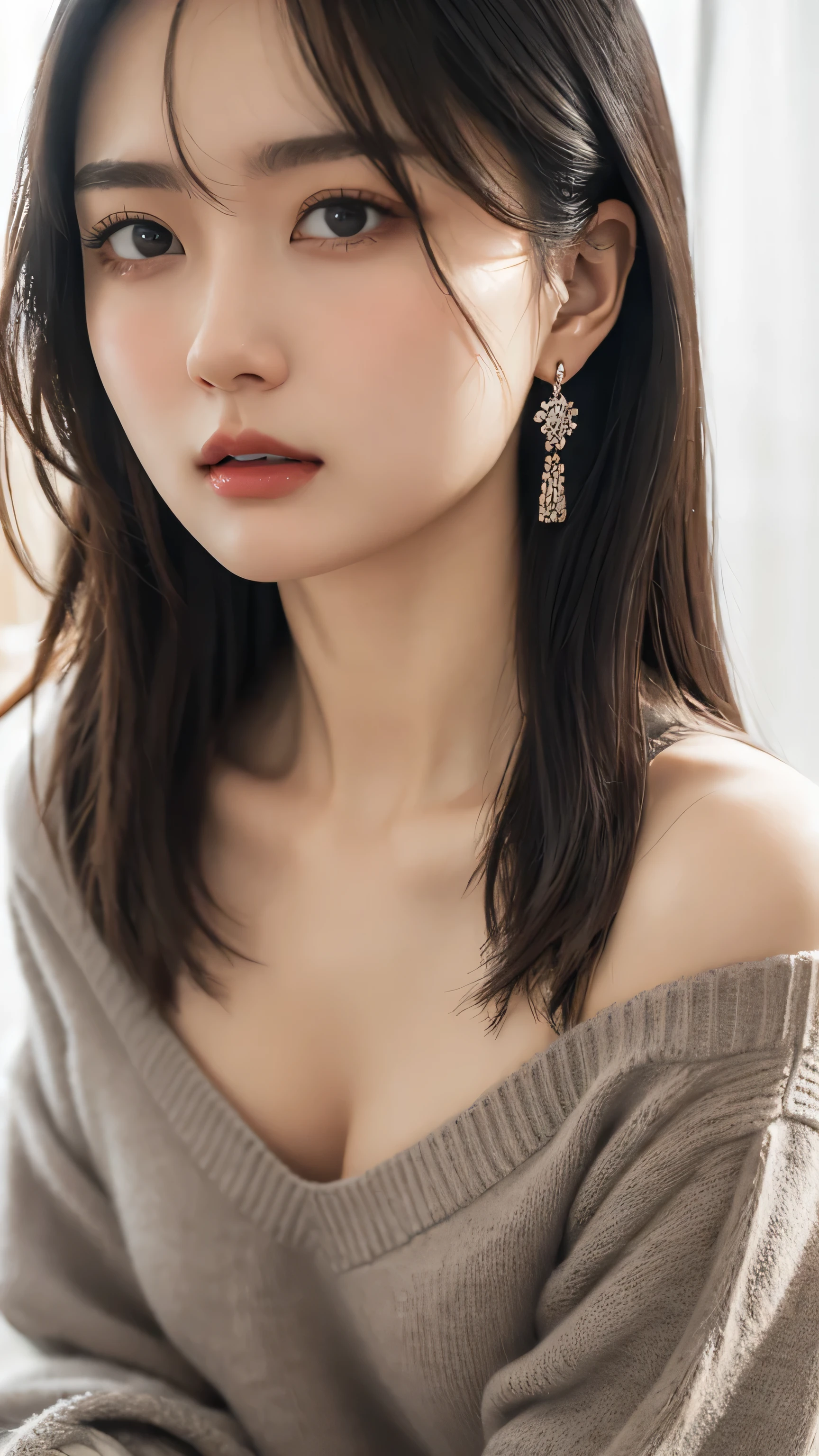 (masterpiece:1.2, top-quality), (Realistic, photoRealistic:1.4), Beautiful illustrations, (Natural Side Lighting, Cinema Lighting), View your viewers,Big Breasts、Big cleavage、small designer bags、Accentuate your bust、Grey off-the-shoulder sweater dress、Fascinating face、Bewitching atmosphere、Black Hair、、Tying up hair、Rings Earrings、Ear Cuff、Lots of piercings